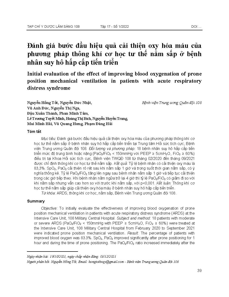 Đánh giá bước đầu hiệu quả cải thiện oxy hóa máu của phương pháp thông khí cơ học tư thế nằm sấp ở bệnh nhân suy hô hấp cấp tiến triển = Initial evaluation of the effect of improving blood oxygenation of prone position mechanical ventilation in patients w
