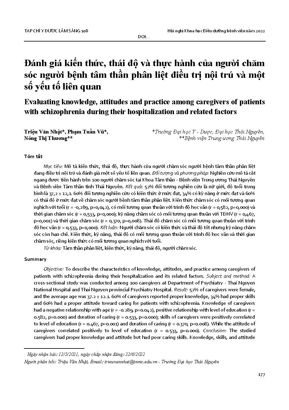 Đánh giá kiến thức, thái độ và thực hành của người chăm sóc người bệnh tâm thần phân liệt điều trị nội trú và một số yếu tố liên quan = Evaluating knowledge, attitudes and practice among caregivers of patients with schizophrenia during their hospitalizati