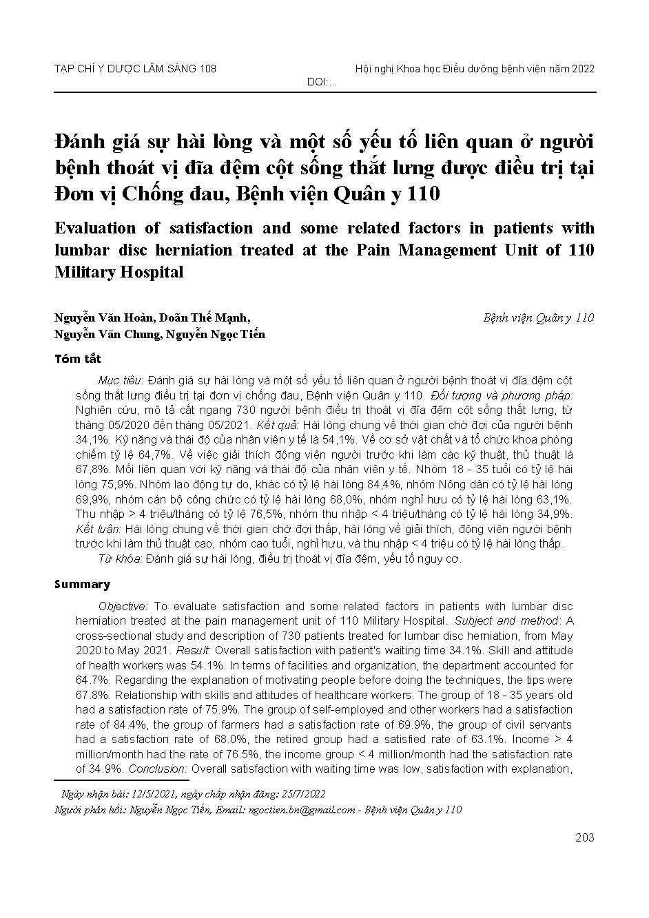 Đánh giá sự hài lòng và một số yếu tố liên quan ở người bệnh thoát vị đĩa đệm cột sống thắt lưng được điều trị tại Đơn vị Chống đau, Bệnh viện Quân y 110 = Evaluation of satisfaction and some related factors in patients with lumbar disc herniation treated