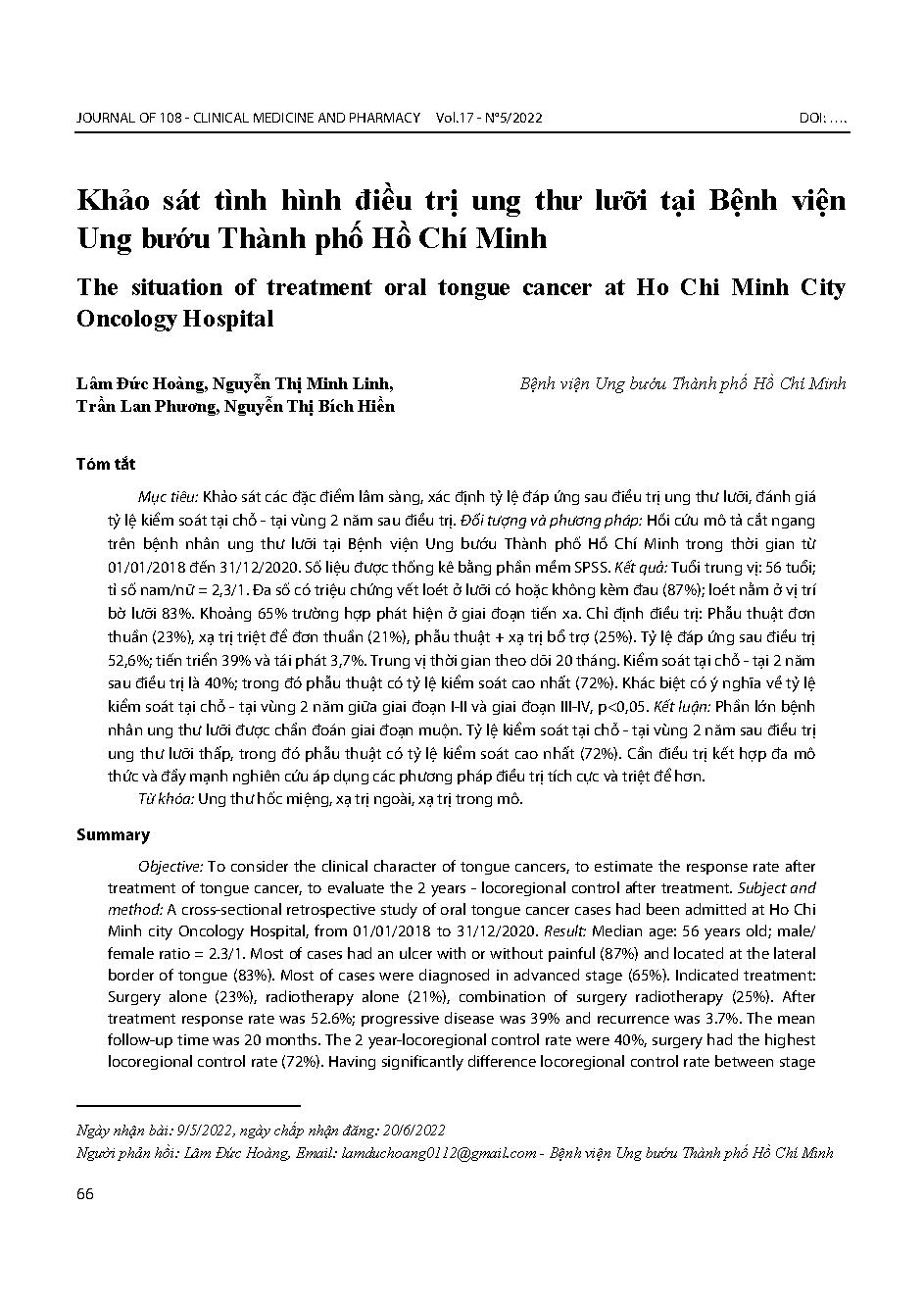 Khảo sát tình hình điều trị ung thư lưỡi tại Bệnh viện Ung bướu Thành phố Hồ Chí Minh = The situation of treatment oral tongue cancer at Ho Chi Minh City Oncology Hospital