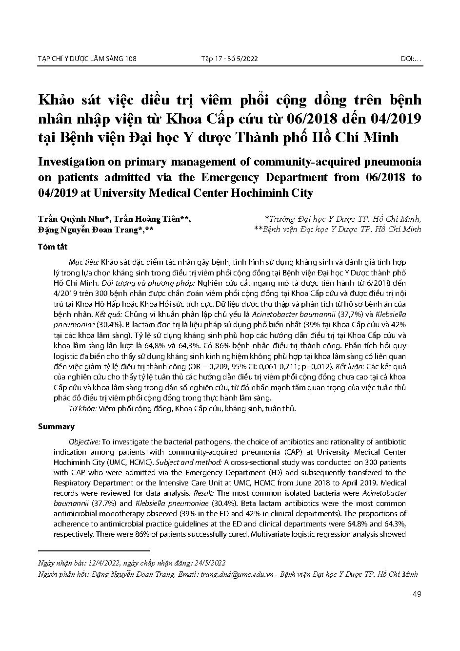 Khảo sát việc điều trị viêm phổi cộng đồng trên bệnh nhân nhập viện từ Khoa Cấp cứu từ 06/2018 đến 04/2019 tại Bệnh viện Đại học Y dược Thành phố Hồ Chí Minh = Investigation on primary management of community-acquired pneumonia on patients admitted via th
