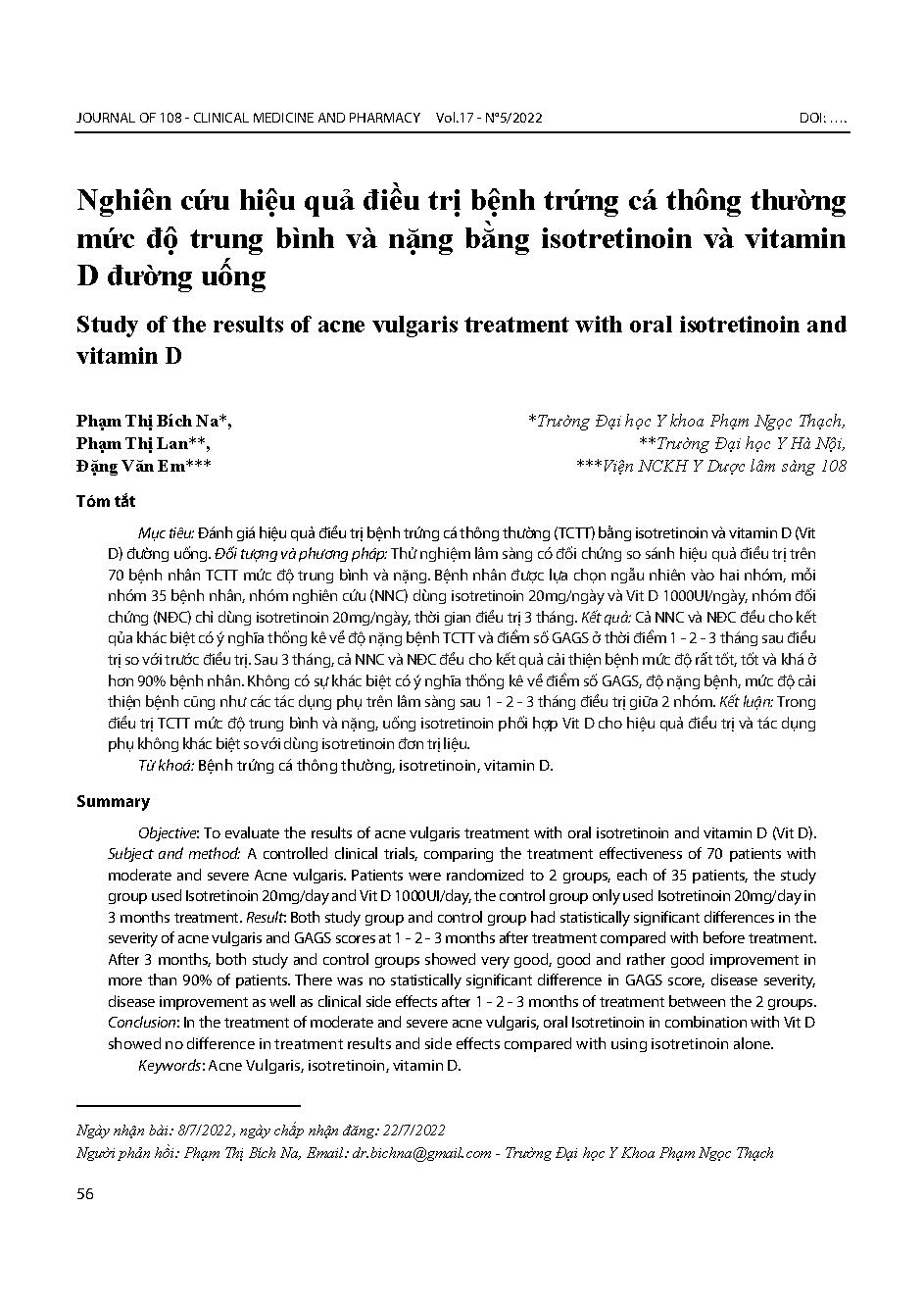 Nghiên cứu hiệu quả điều trị bệnh trứng cá thông thường mức độ trung bình và nặng bằng isotretinoin và vitamin D đường uống = Study of the results of acne vulgaris treatment with oral isotretinoin and vitamin D