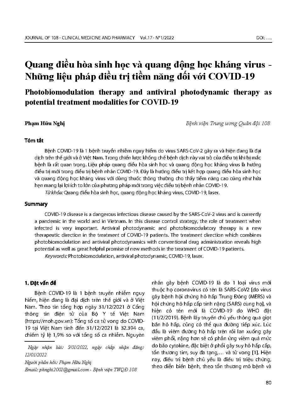 Quang điều hòa sinh học và quang động học kháng virus - Những liệu pháp điều trị tiềm năng đối với COVID-19 = Photobiomodulation therapy and antiviral photodynamic therapy as potential treatment modalities for COVID-19