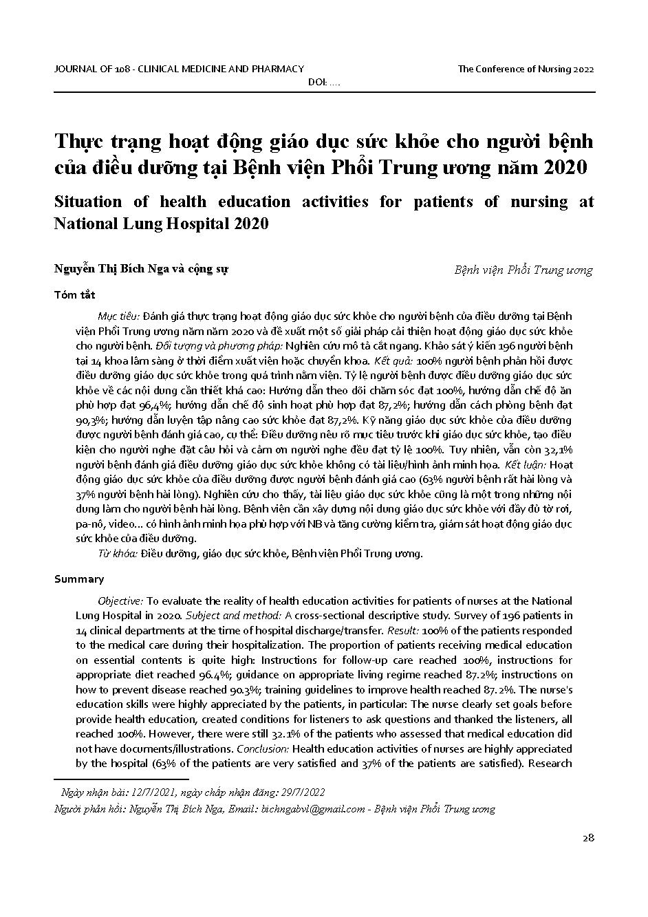 Thực trạng hoạt động giáo dục sức khỏe cho người bệnh của điều dưỡng tại Bệnh viện Phổi Trung ương năm 2020 = Situation of health education activities for patients of nursing at National Lung Hospital 2020