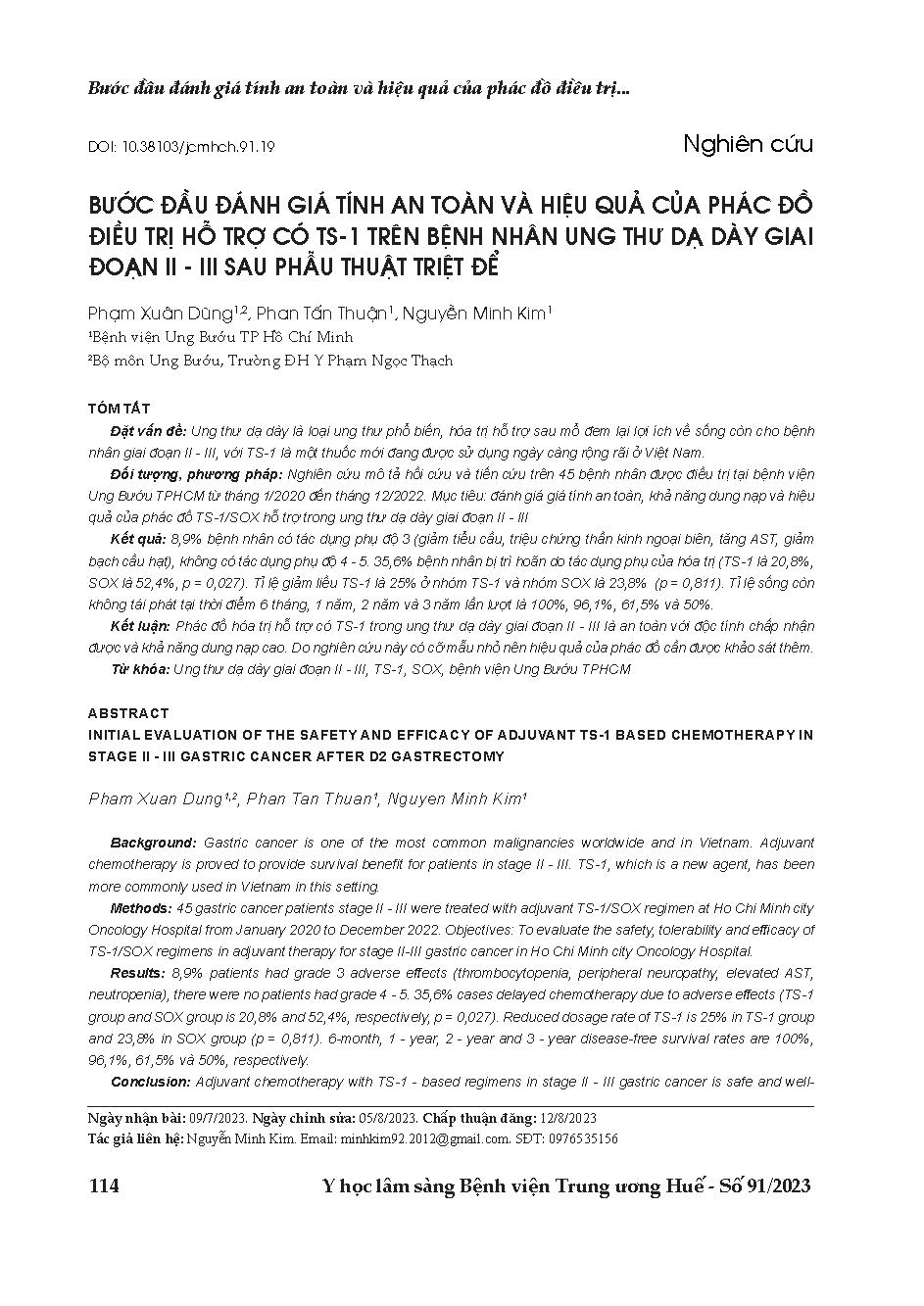 Bước đầu đánh giá tính an toàn và hiệu quả của phác đồ điều trị hỗ trợ có TS-1 trên bệnh nhân ung thư dạ dày giai đoạn II - III sau phẫu thuật triệt để = Initial evaluation of the safety and efficacy of adjuvant TS-1 based chemotherapy in stage II - III g