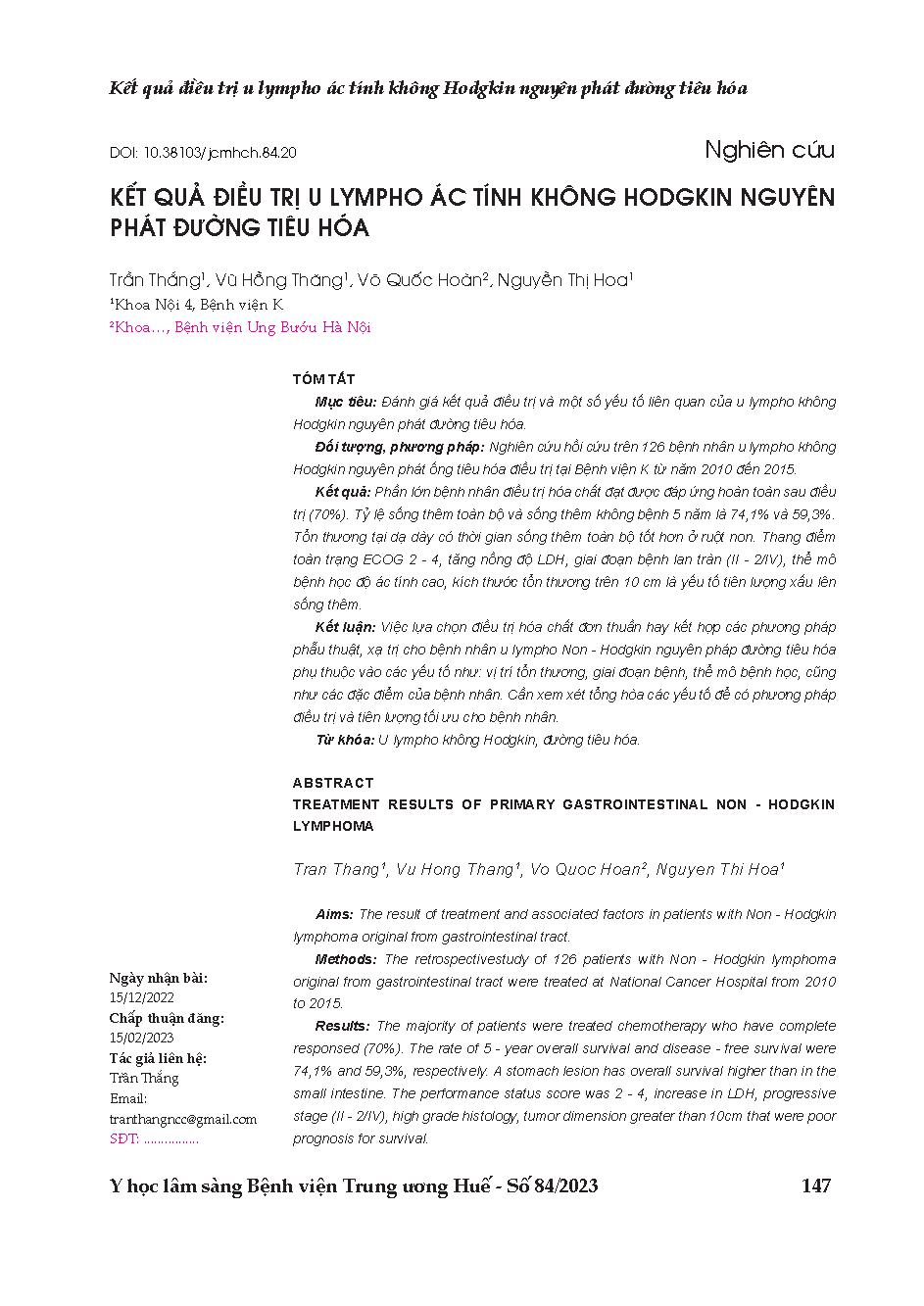 Kết quả điều trị u lympho ác tính không hodgkin nguyên phát đường tiêu hóa = Treatment results of primary gastrointestinal non - Hodgkin lymphoma