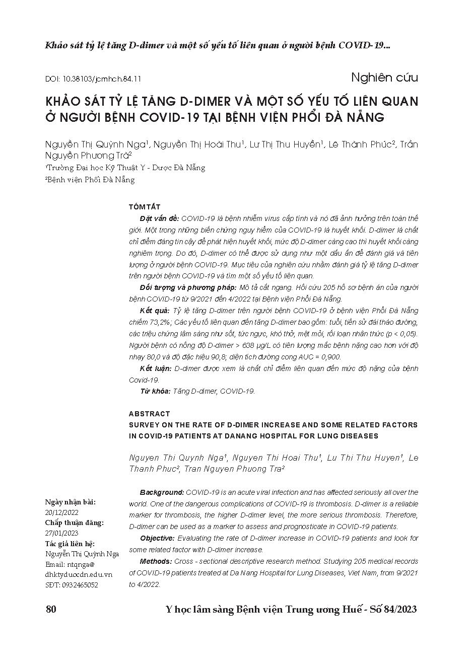 Khảo sát tỷ lệ tăng D-Dimer và một số yếu tố liên quan ở người bệnh Covid-19 tại Bệnh viện Phổi Đà Nẵng = Survey on the rate of d-dimer increase and some related factors in Covid-19 patients at Danang hospital for lung diseases