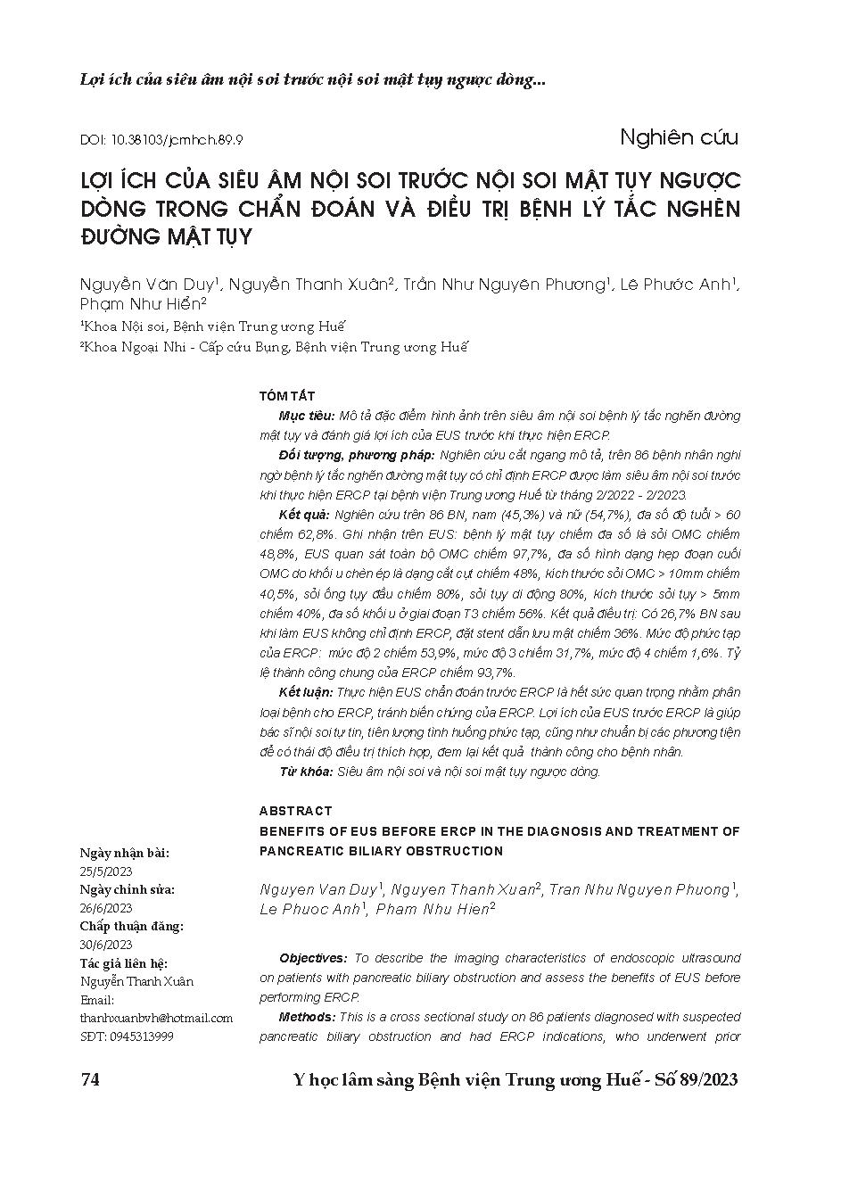 Lợi ích của siêu âm nội soi trước nội soi mật tụy ngược dòng trong chẩn đoán và điều trị bệnh lý tắc nghẽn đường mật tụy = Benefits of EUS before ercp in the diagnosis and treatment of pancreatic biliary obstruction