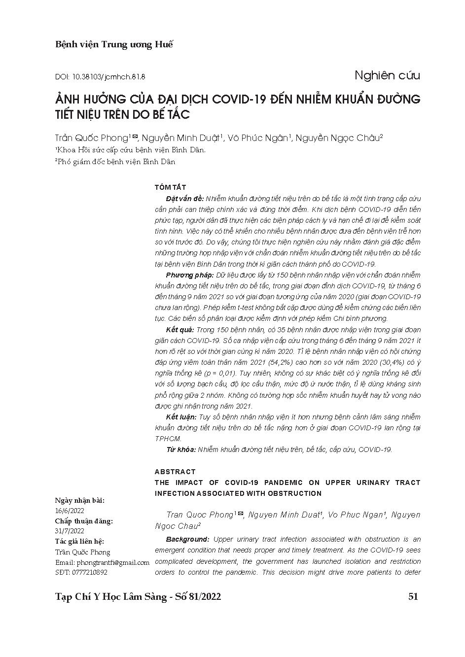 Ảnh hưởng của đại dịch Covid-19 đến nhiễm khuẩn đường tiết niệu trên do bế tắc = The impact of Covid-19 pandemic on upper urinary tract infection associated with obstruction
