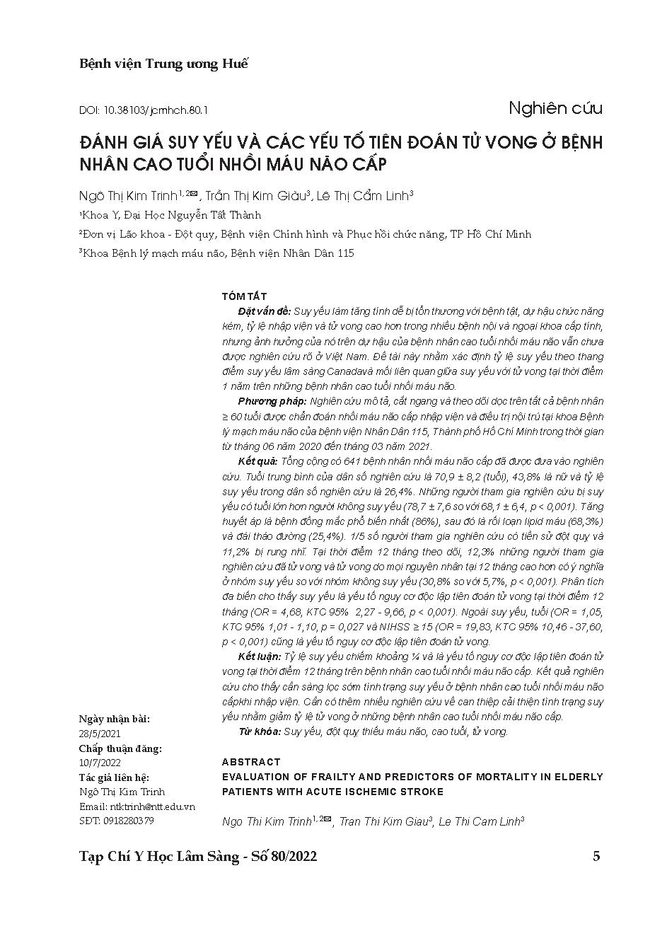 Đánh giá suy yếu và các yếu tố tiên đoán tử vong ở bệnh nhân cao tuổi nhồi máu não cấp = Evaluation of frailty and predictors of mortality in elderly patients with acute ischemic stroke