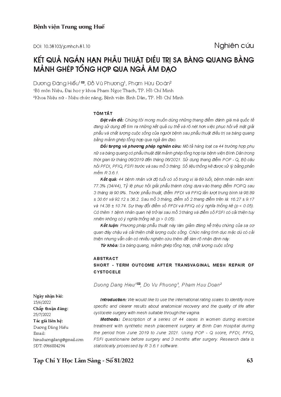 Kết quả ngắn hạn phẫu thuật điều trị sa bàng quang bằng mảnh ghép tổng hợp qua ngả âm đạo = Short - term outcome after transvaginal mesh repair of cystocele