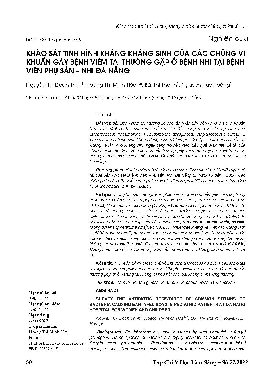 Khảo sát tình hình kháng kháng sinh của các chủng vi khuẩn gây bệnh viêm tai thường gặp ở bệnh nhi tại Bệnh viện Phụ sản – Nhi Đà Nẵng = Survey the antibiotic resistance of common strains of bacteria causing ear infections in pediatric patients at da nang