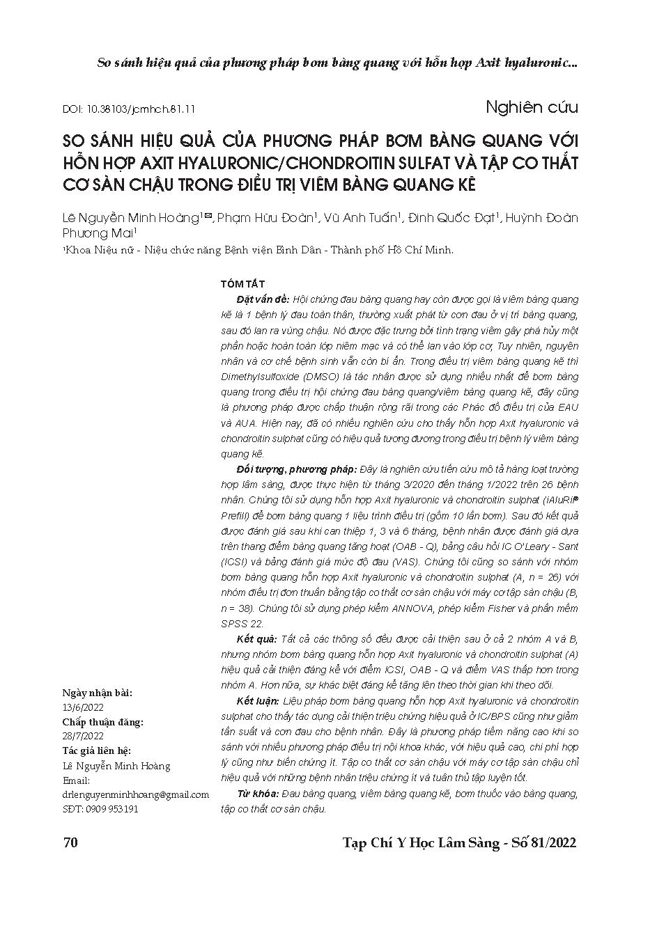So sánh hiệu quả của phương pháp bơm bàng quang với hỗn hợp axit hyaluronic/chondroitin sulfat và tập co thắt cơ sàn chậu trong điều trị viêm bàng quang kẽ = Comparative effects of bladder pump with hyaluronic acid/chondroitin sulfate and pelvic floor mus