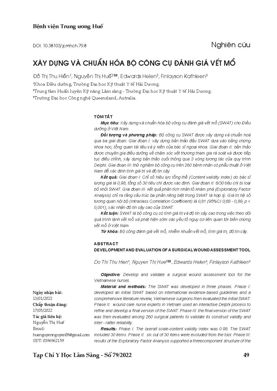 Xây dựng và chuẩn hóa bộ công cụ đánh giá vết mổ = Development and evaluation of a surgical wound assessment tool