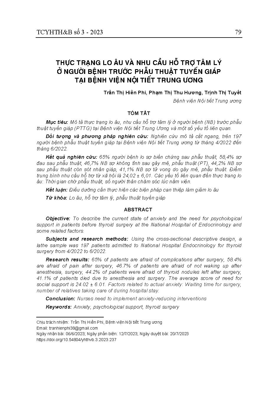 Thực trạng lo âu và nhu cầu hỗ trợ tâm lý ở người bệnh trước phẫu thuật tuyến giáp tại Bệnh viện Nội tiết Trung ương = The situation of anxiety and the need for psychiatric support in patients before thyroid surgery at the National Hospital of Endocrinolo