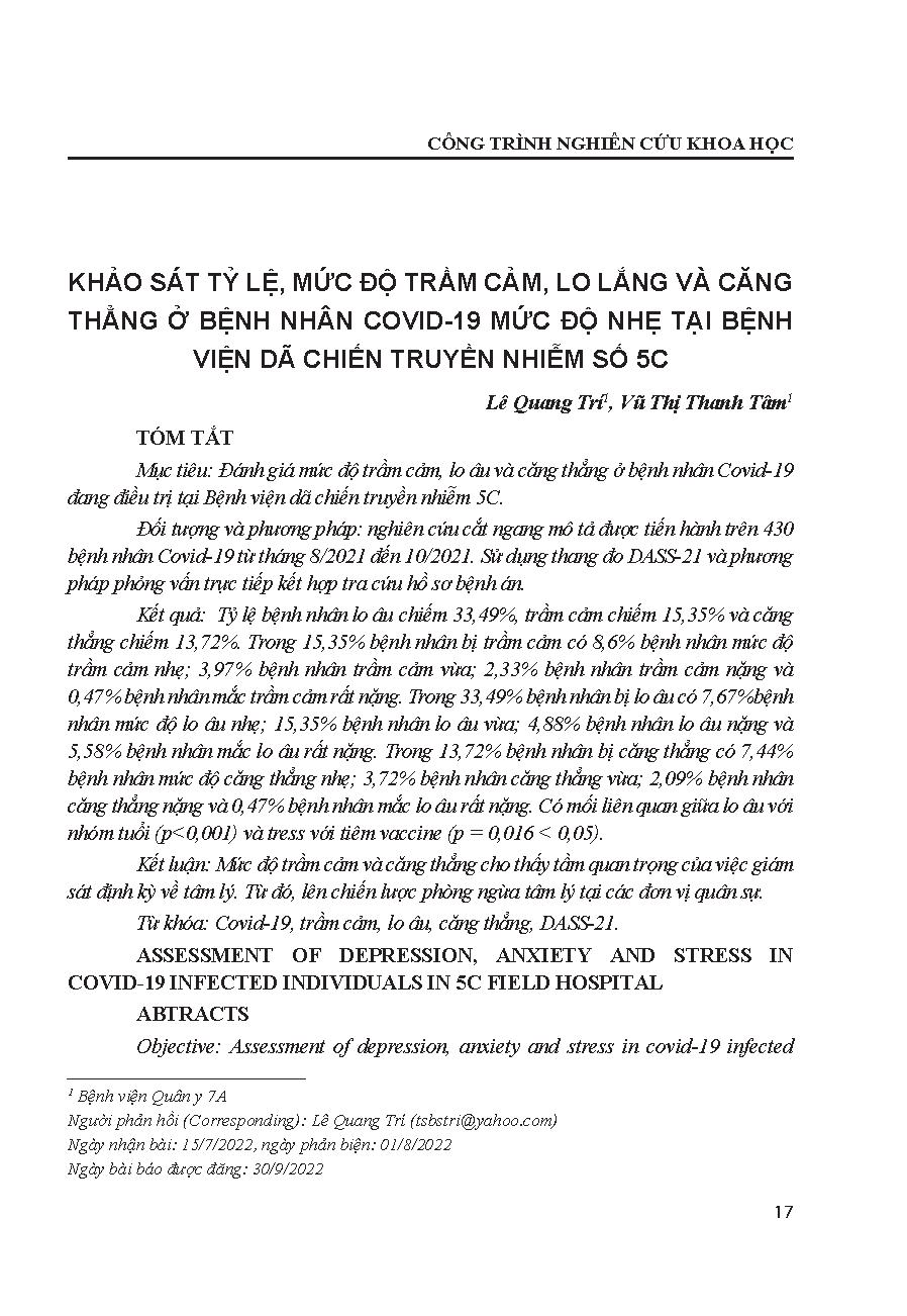 Khảo sát tỷ lệ, mức độ trầm cảm, lo lắng và căng thẳng ở bệnh nhân Covid-19 mức độ nhẹ tại Bệnh viện Dã chiến truyền nhiễm số 5C