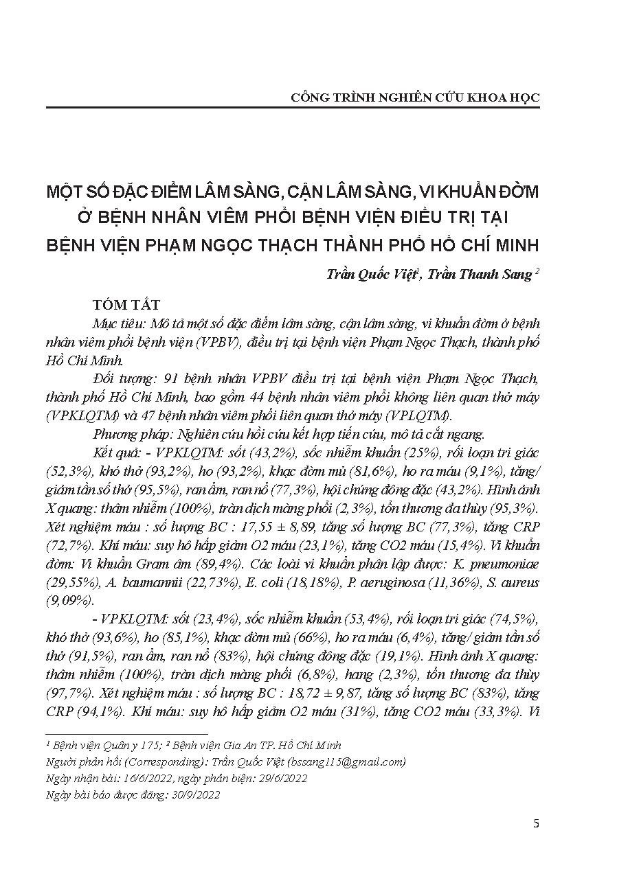 Một số đặc điểm lâm sàng, cận lâm sàng, vi khuẩn đờm ở bệnh nhân viêm phổi bệnh viện điều trị tại Bệnh viện Phạm Ngọc Thạch thành phố Hồ Chí Minh