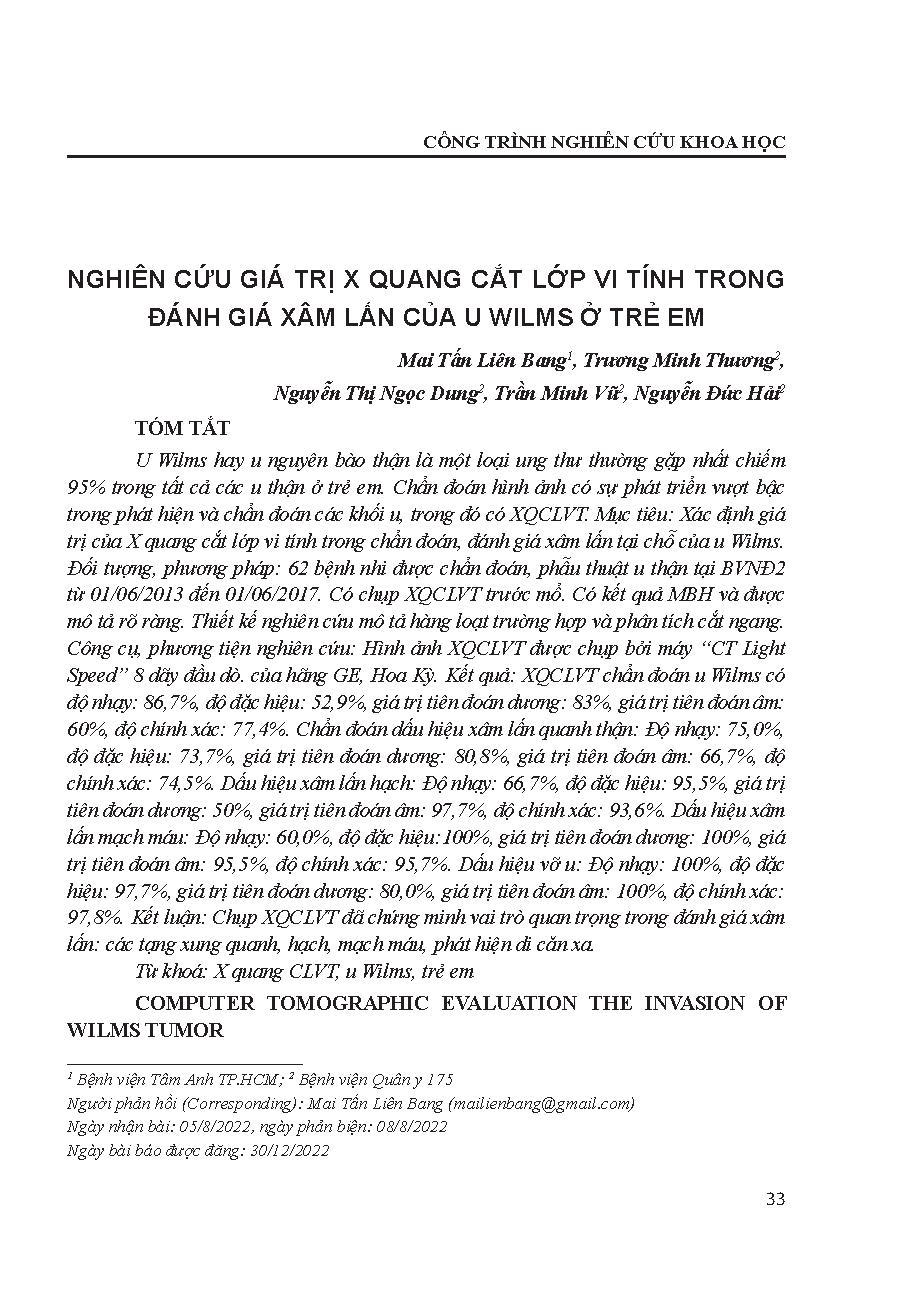 Nghiên cứu giá trị X quang cắt lớp vi tính trong đánh giá xâm lấn của u Wilms ở trẻ em