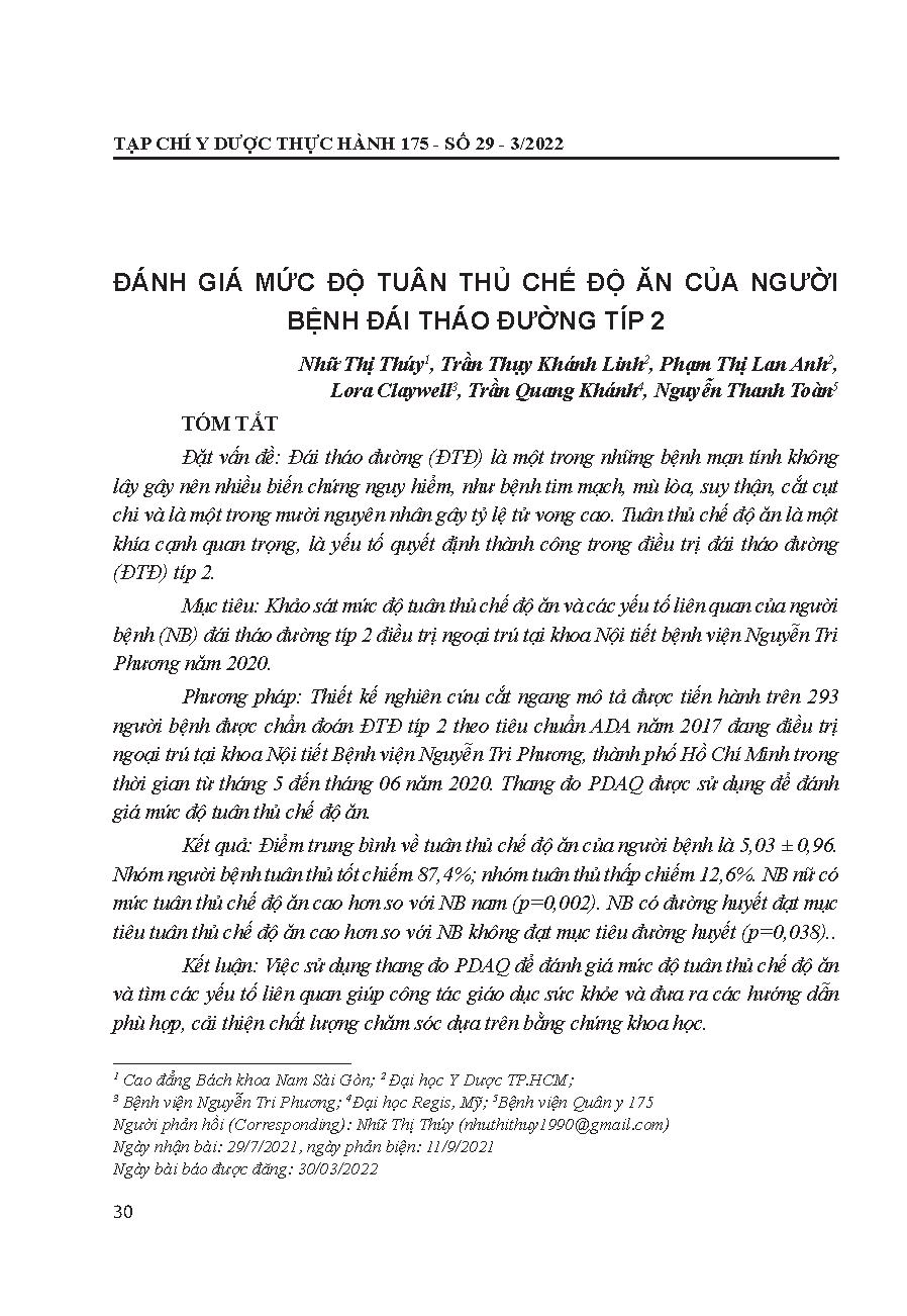 Đánh giá mức độ tuân thủ chế độ ăn của người bệnh đái tháo đường tuýp 2 = Assessment the level of dietary adherence in patients with type 2 diabetes