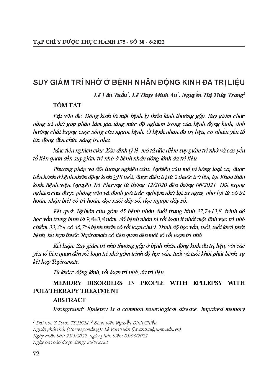 Suy giảm trí nhớ ở bệnh nhân động kinh đa trị liệu = Memory disorders in people with epilepsy with polytherapy treatment