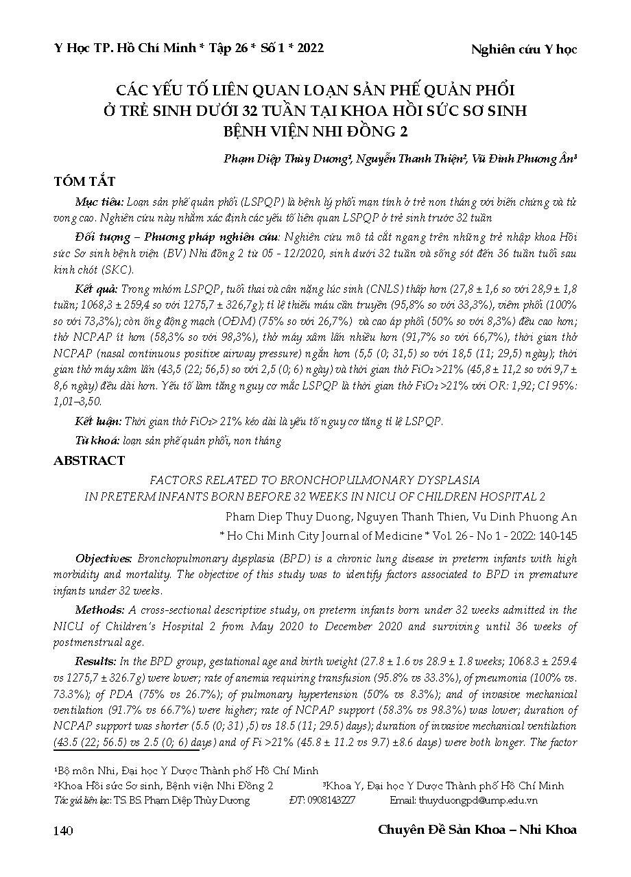 Các yếu tố liên quan loạn sản phế quản phổi ở trẻ sinh dưới 32 tuần tại Khoa Hồi sức Sơ sinh Bệnh viện Nhi Đồng 2