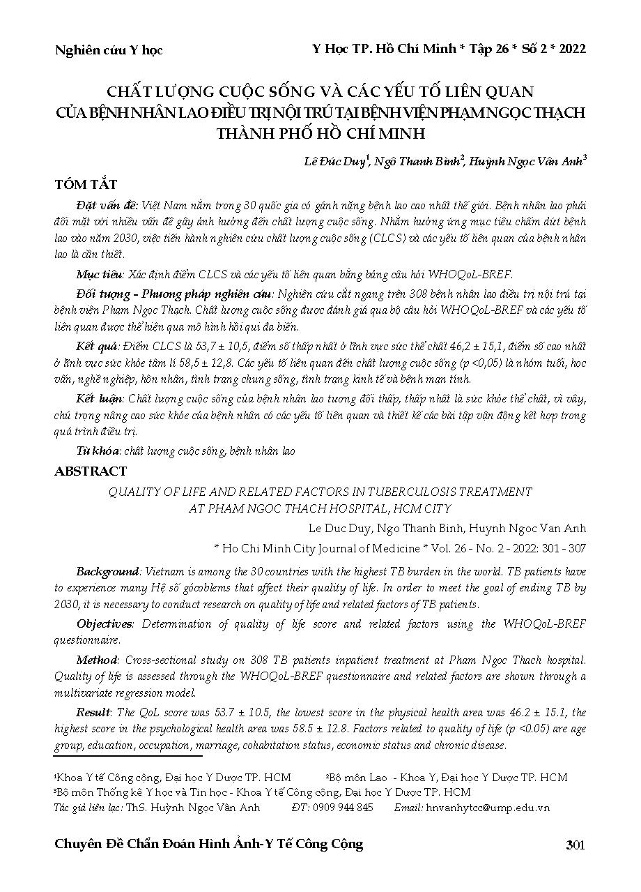 Chất lượng cuộc sống và các yếu tố liên quan của bệnh nhân lao điều trị nội trú tại Bệnh viện Phạm Ngọc Thạch thành phố Hồ Chí Minh