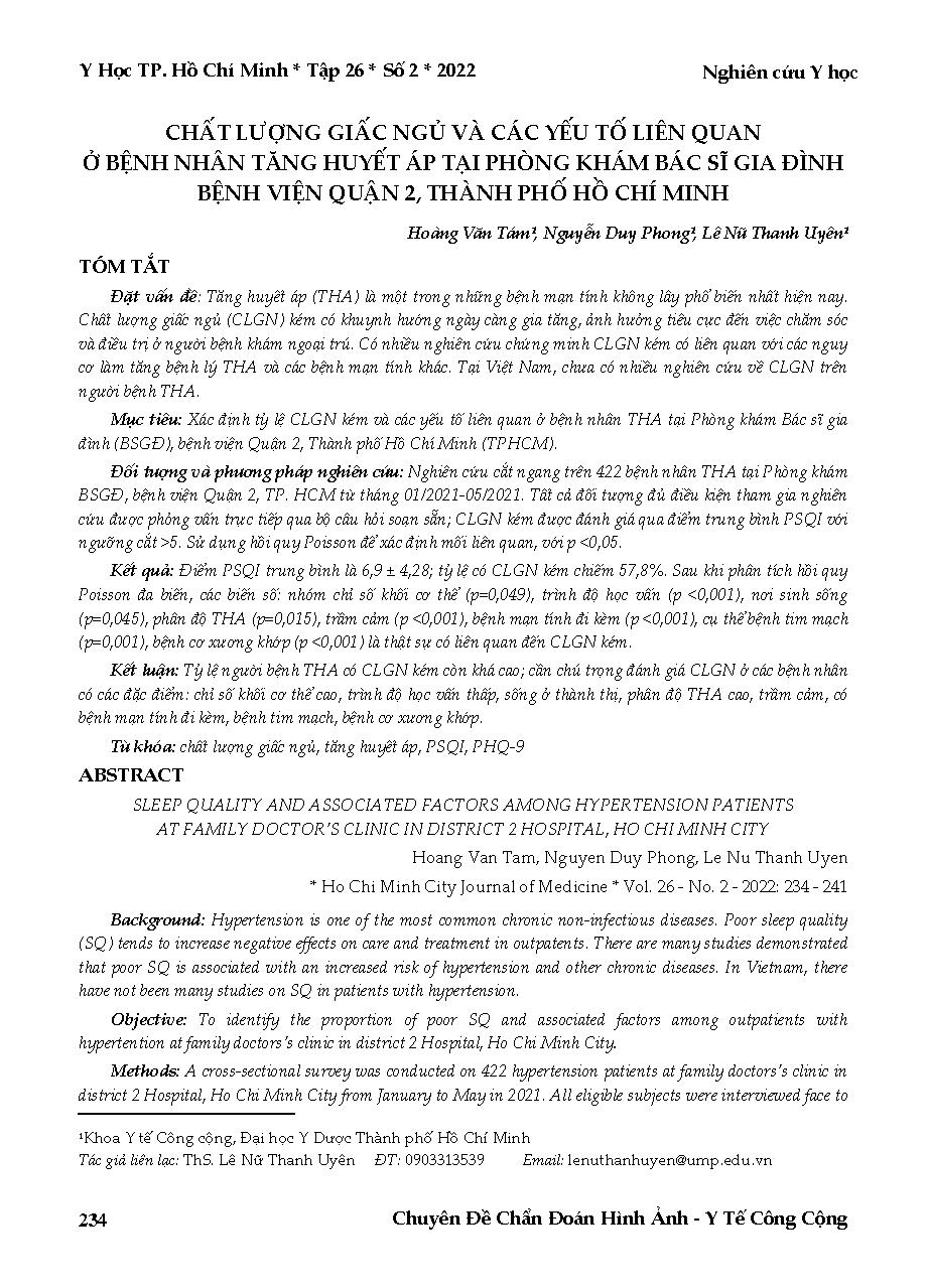 Chất lượng giấc ngủ và các yếu tố liên quan ở bệnh nhân tăng huyết áp tại Phòng khám Bác sĩ gia đình Bệnh viện Quận 2, thành phố Hồ Chí Minh