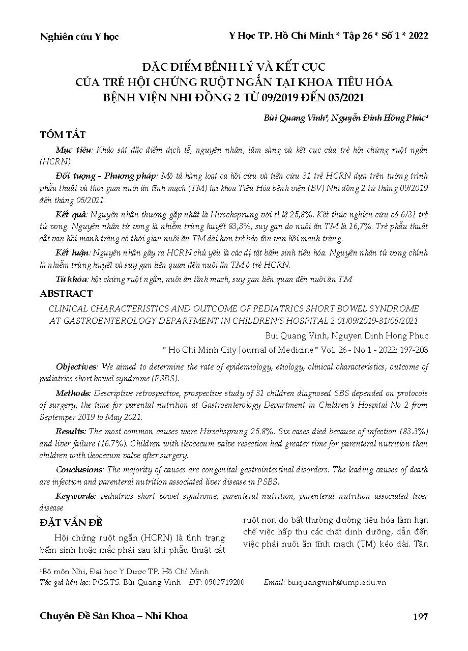 Đặc điểm bệnh lý và kết cục của trẻ hội chứng ruột ngắn tại Khoa Tiêu hóa Bệnh viện Nhi đồng 2 từ 09/2019 đến 05/2021