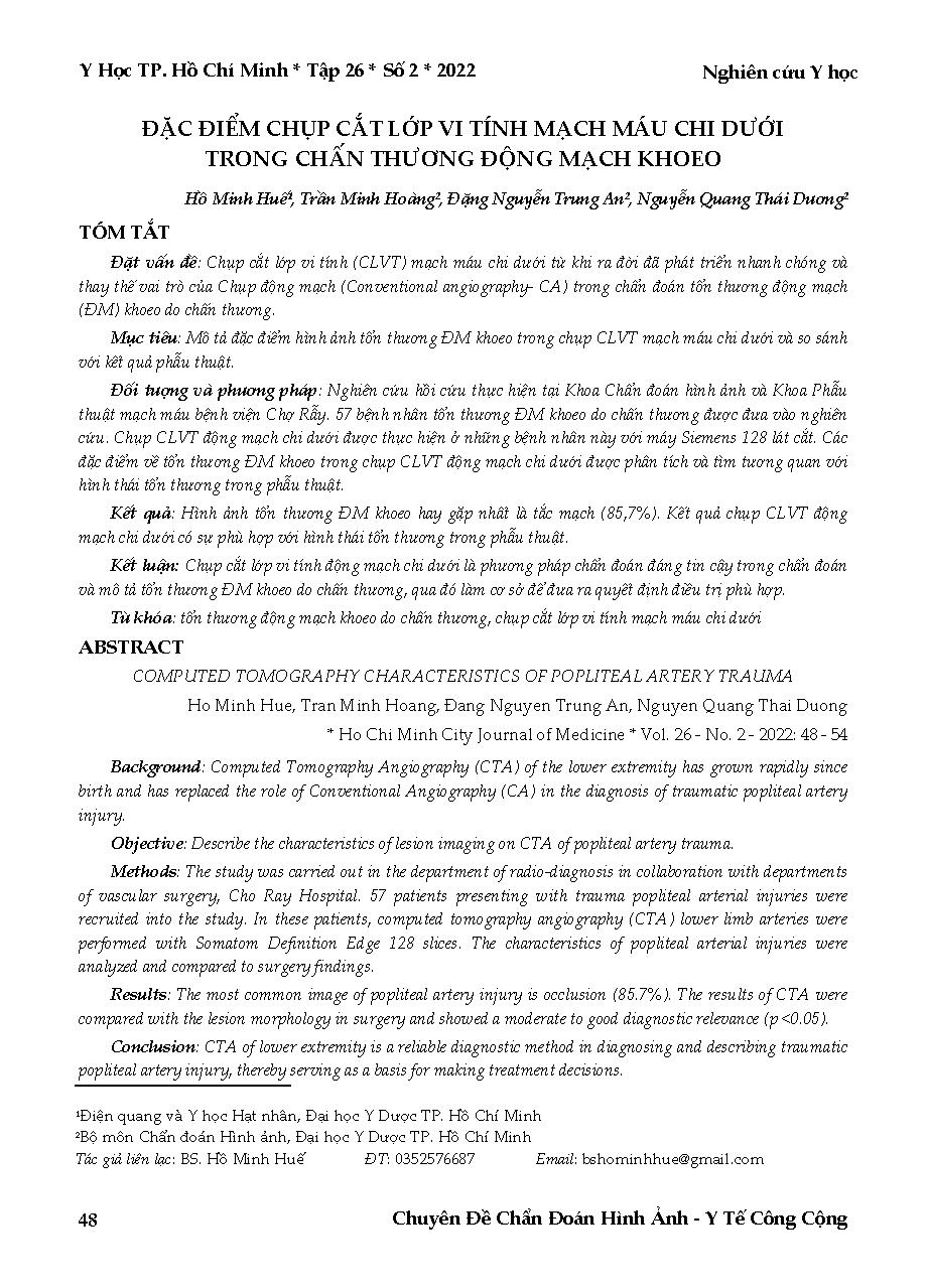 Đặc điểm chụp cắt lớp vi tính mạch máu chi dưới trong chấn thương động mạch khoeo