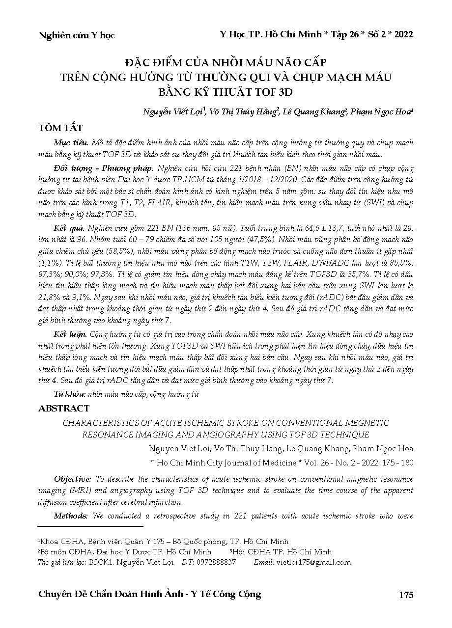 Đặc điểm của nhồi máu não cấp trên cộng hưởng từ thường quy và chụp mạch máu bằng kỹ thuật TOF 3D