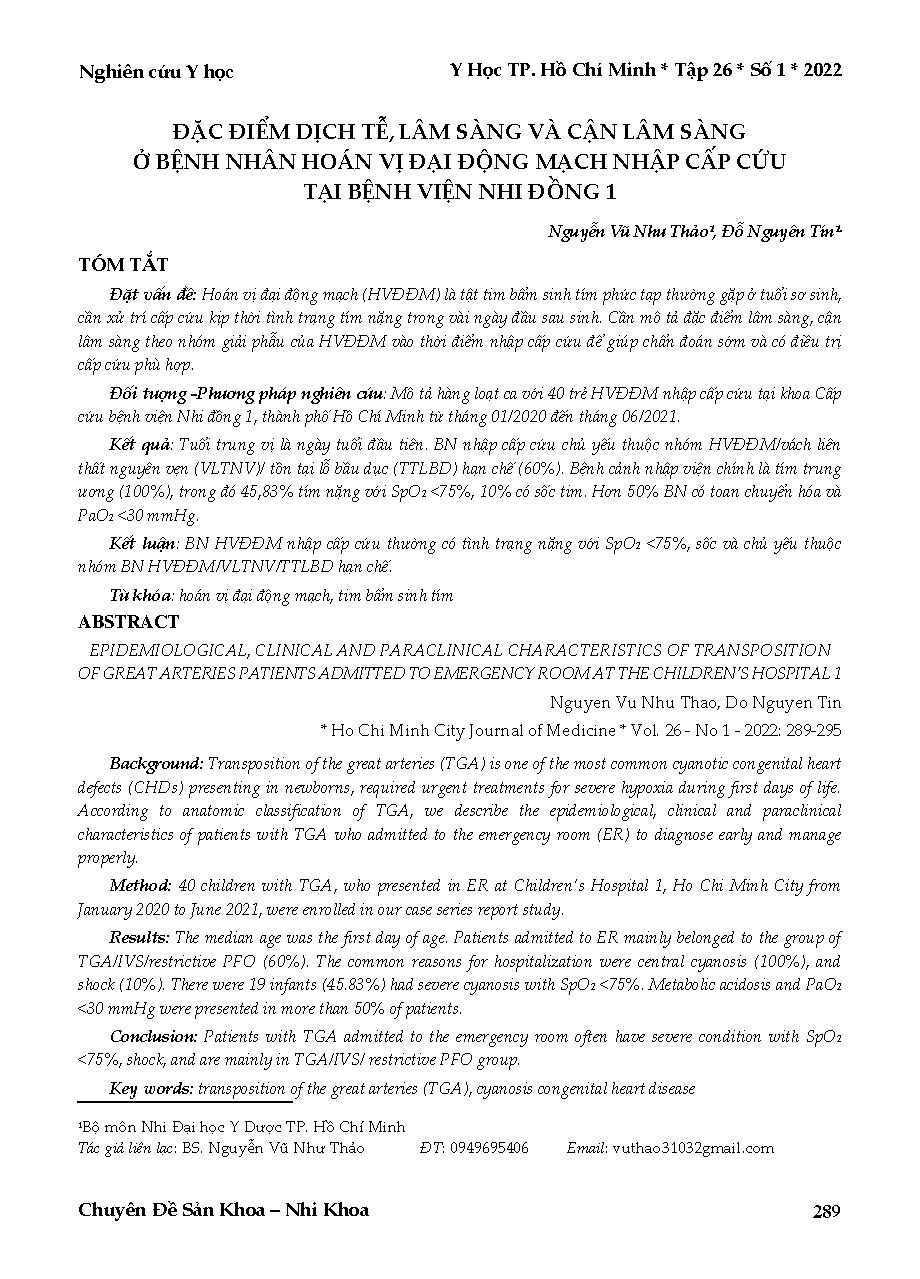 Đặc điểm dịch tễ, lâm sàng và cận lâm sàng ở bệnh nhân hoán vị đại động mạch nhập cấp cứu tại Bệnh viện Nhi đồng 1