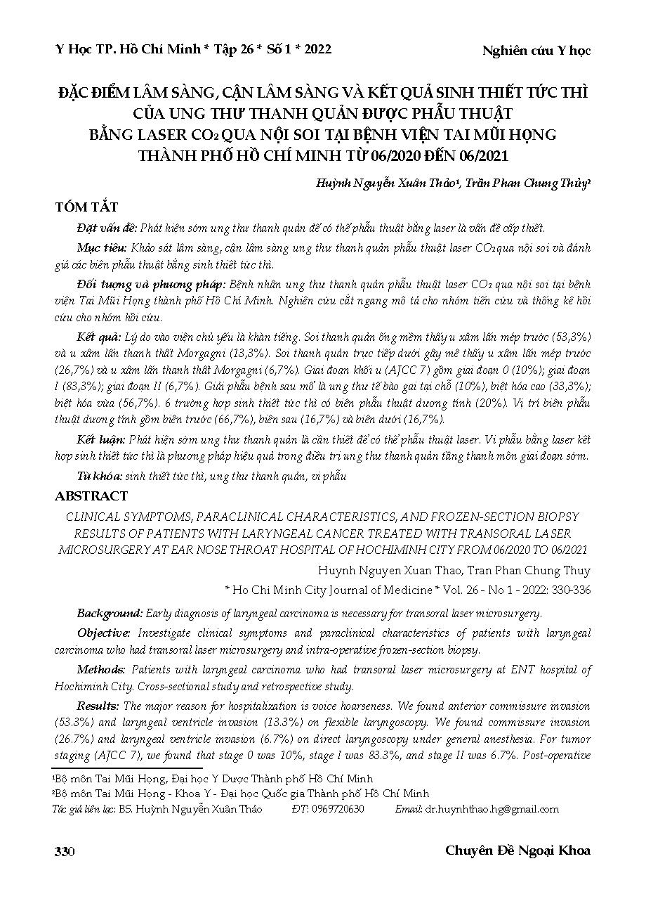 Đặc điểm lâm sàng, cận lâm sàng và kết quả sinh thiết tức thì của ung thư thanh quản được phẫu thuật bằng laser CO2 qua nội soi tại Bệnh viện Tai mũi họng thành phố Hồ Chí Minh từ 06/2020 đến 06/2021