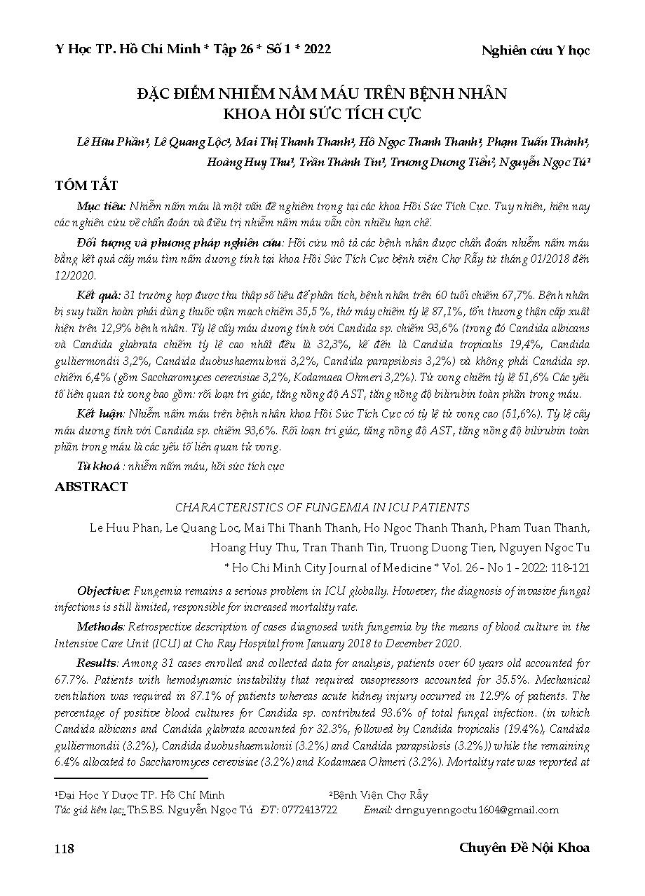 Đặc điểm nhiễm nấm máu trên bệnh nhân khoa hồi sức tích cực