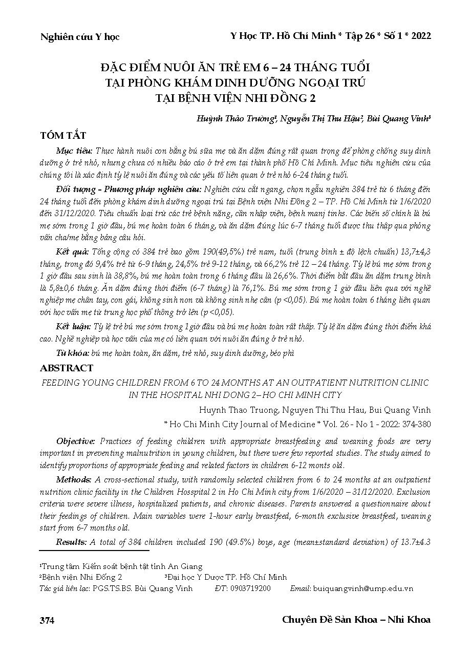 Đặc điểm nuôi ăn trẻ em 6 – 24 tháng tuổi tại phòng khám dinh dưỡng ngoại trú tại Bệnh viện Nhi đồng 2