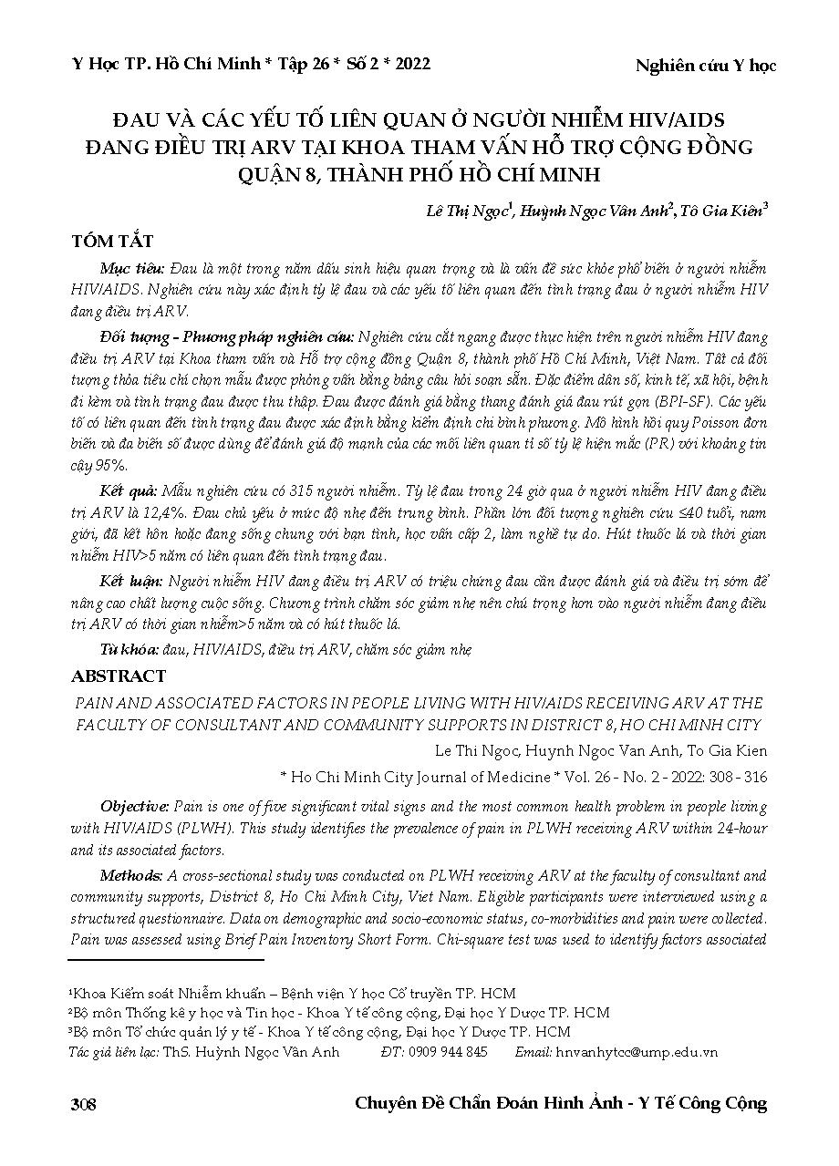 Đau và các yếu tố liên quan ở người nhiễm HIV/AIDS đang điều trị ARV tại Khoa Tham vấn hỗ trợ cộng đồng Quận 8, thành phố Hồ Chí Minh