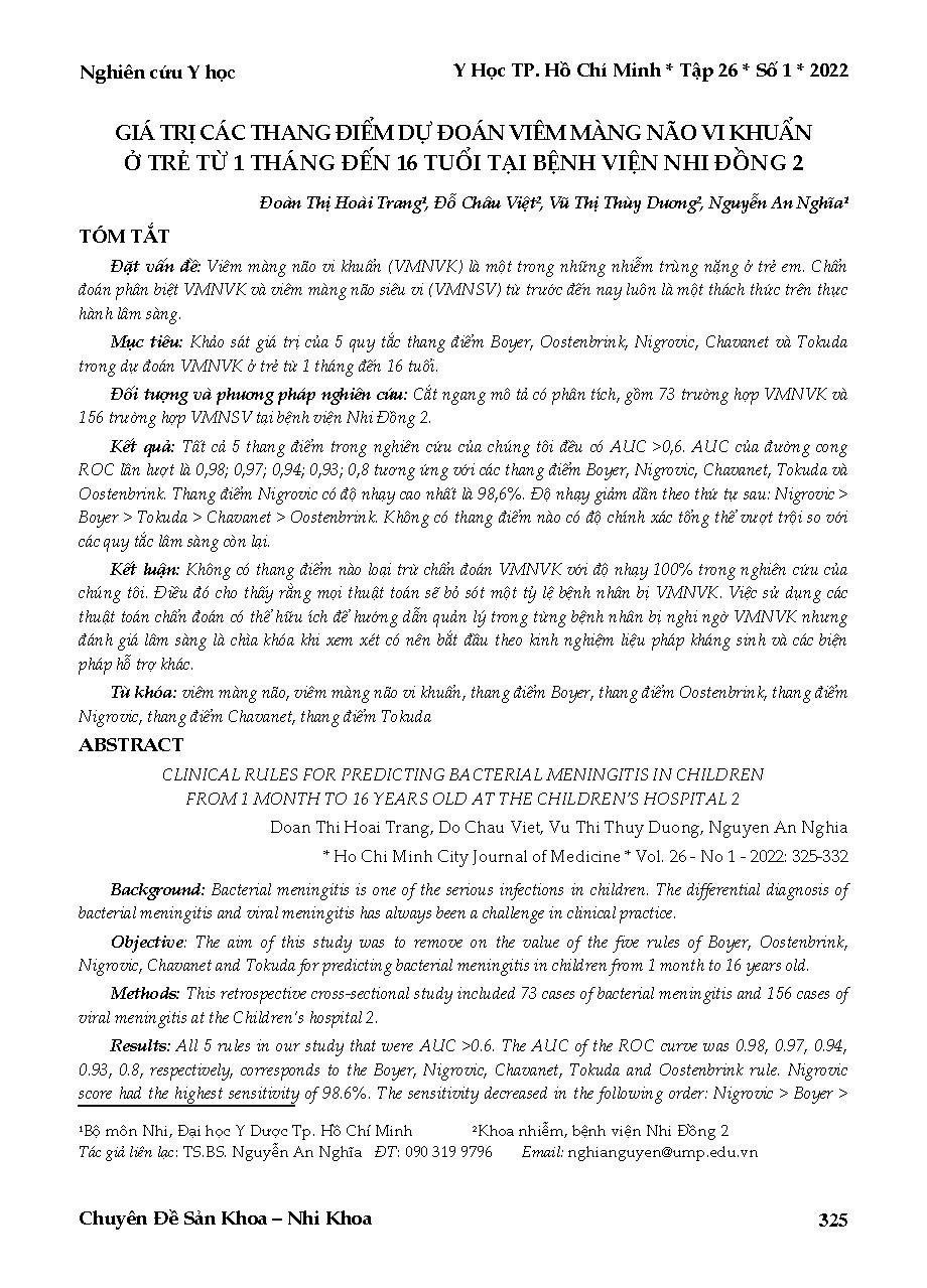 Giá trị các thang điểm dự đoán viêm màng não vi khuẩn ở trẻ từ 1 tháng đến 16 tuổi tại Bệnh viện Nhi đồng 2
