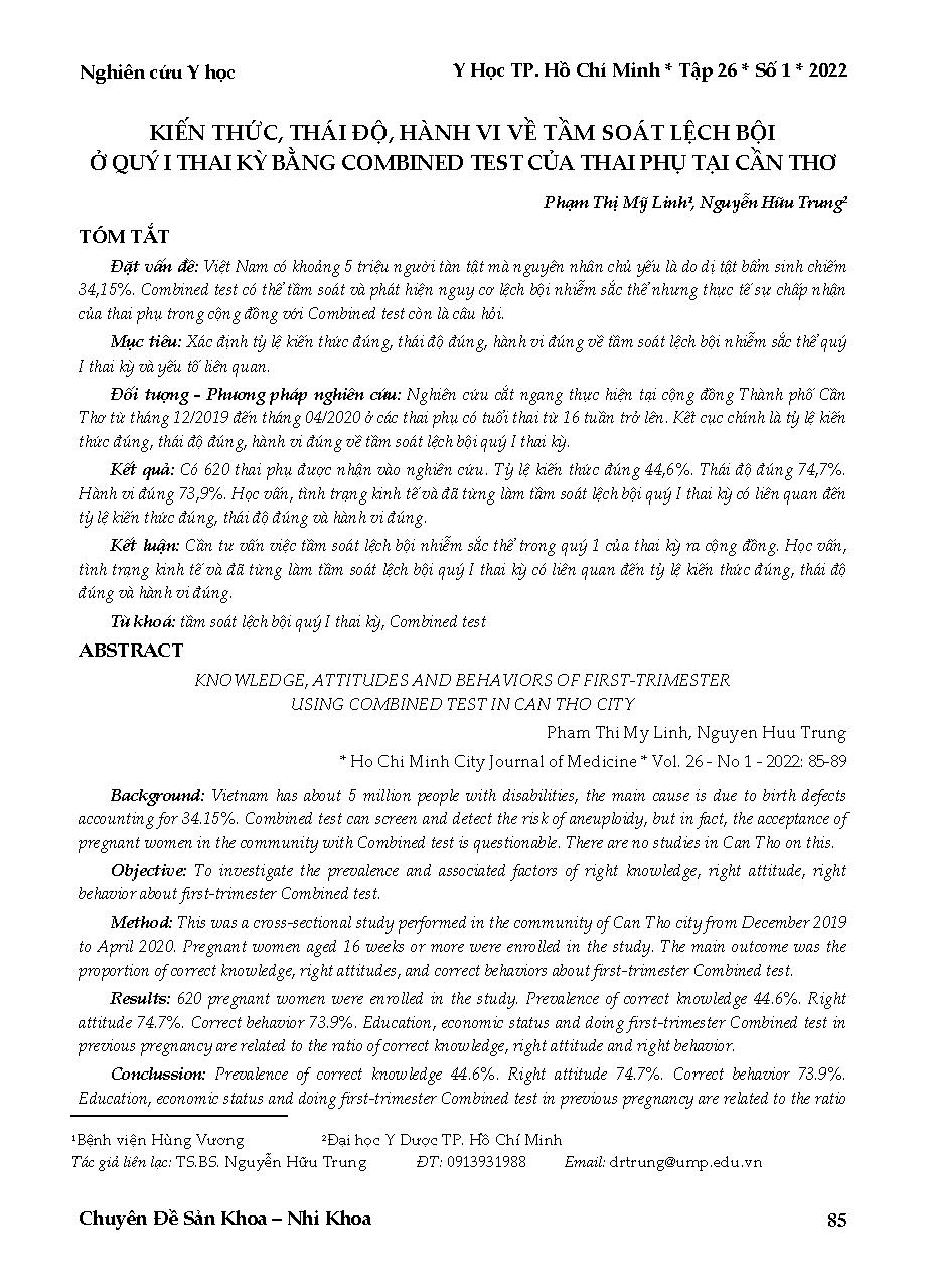 Kiến thức, thái độ, hành vi về tầm soát lệch bội ở quý I thai kỳ bằng combined test của thai phụ tại Cần Thơ