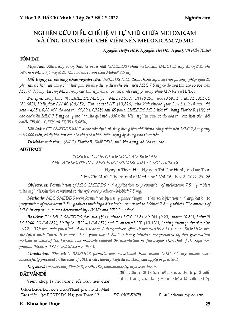 Nghiên cứu điều chế hệ vi tự nhũ chứa meloxicam và ứng dụng điều chế viên nén meloxicam 7,5 mg = Formulation of meloxicam smedds and application to prepare meloxicam 7.5 mg tablets