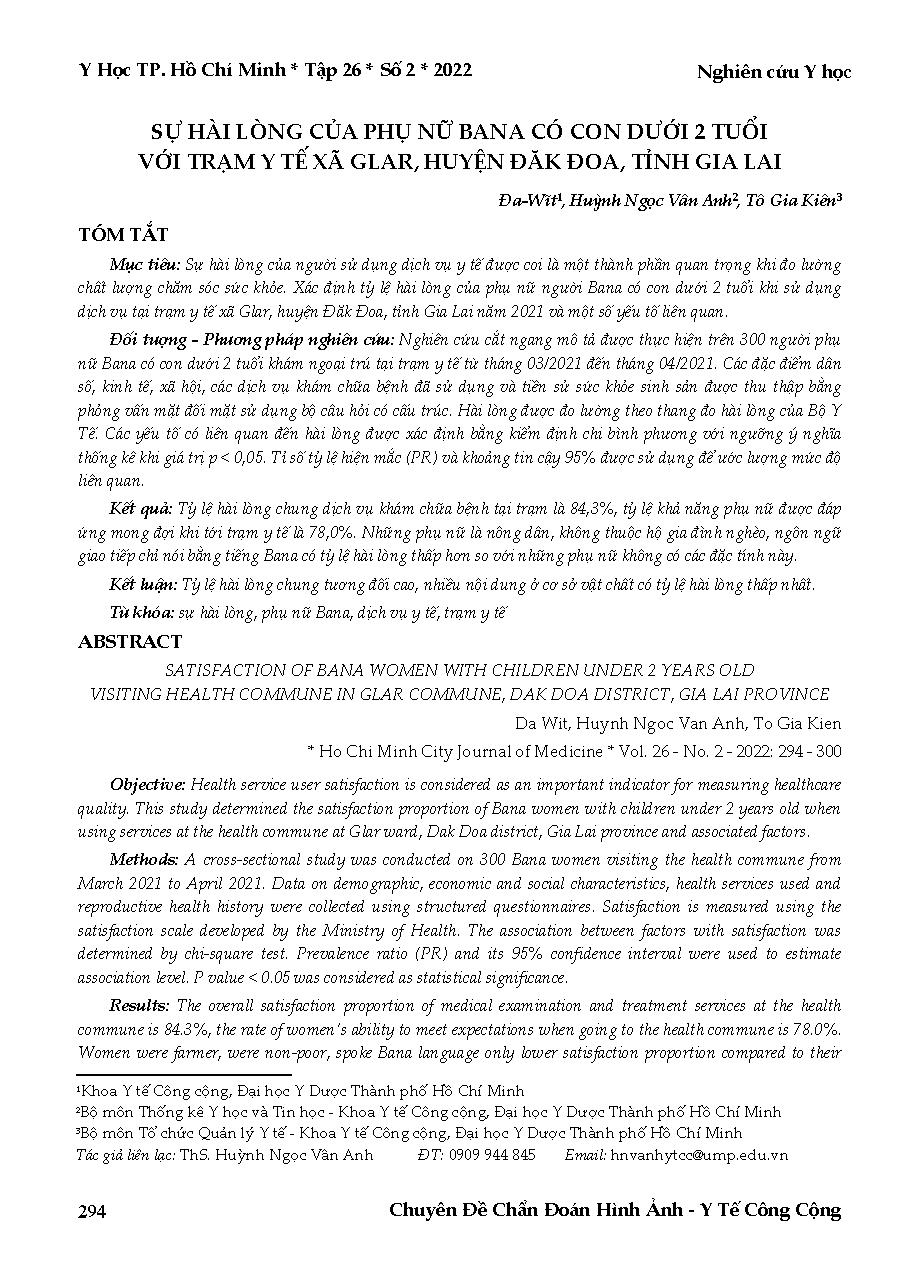 Sự hài lòng của phụ nữ Bana có con dưới 2 tuổi với Trạm y tế xã Glar, huyện Đăk Đoa, tỉnh Gia Lai