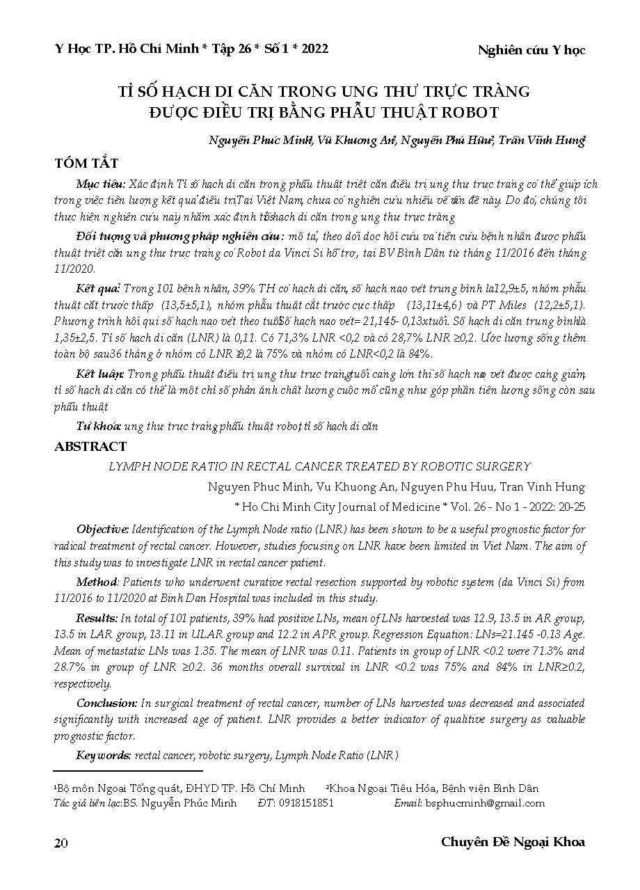 Tỉ số hạch di căn trong ung thư trực tràng được điều trị bằng phẫu thuật robot