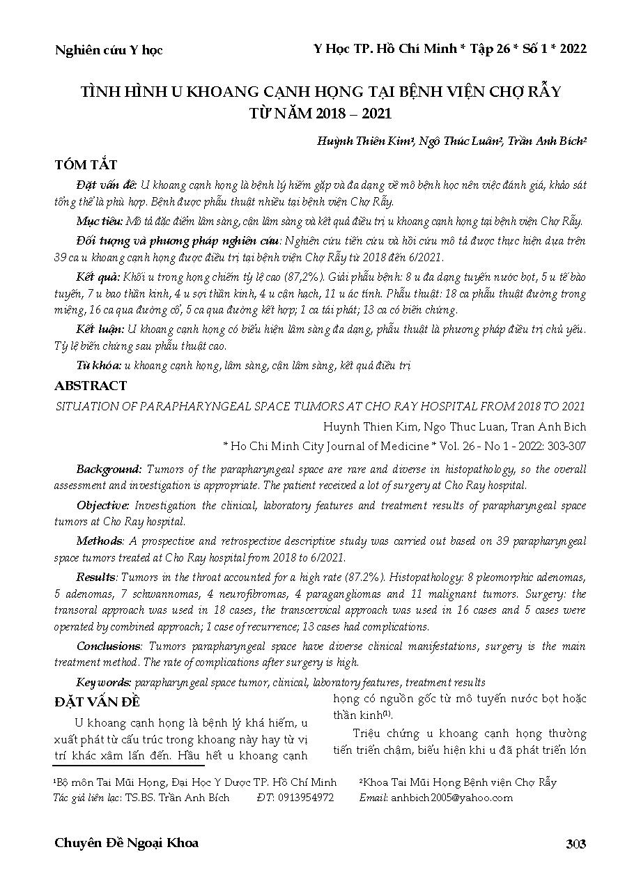 Tình hình u khoang cạnh họng tại Bệnh viện Chợ Rẫy từ năm 2018 – 2021