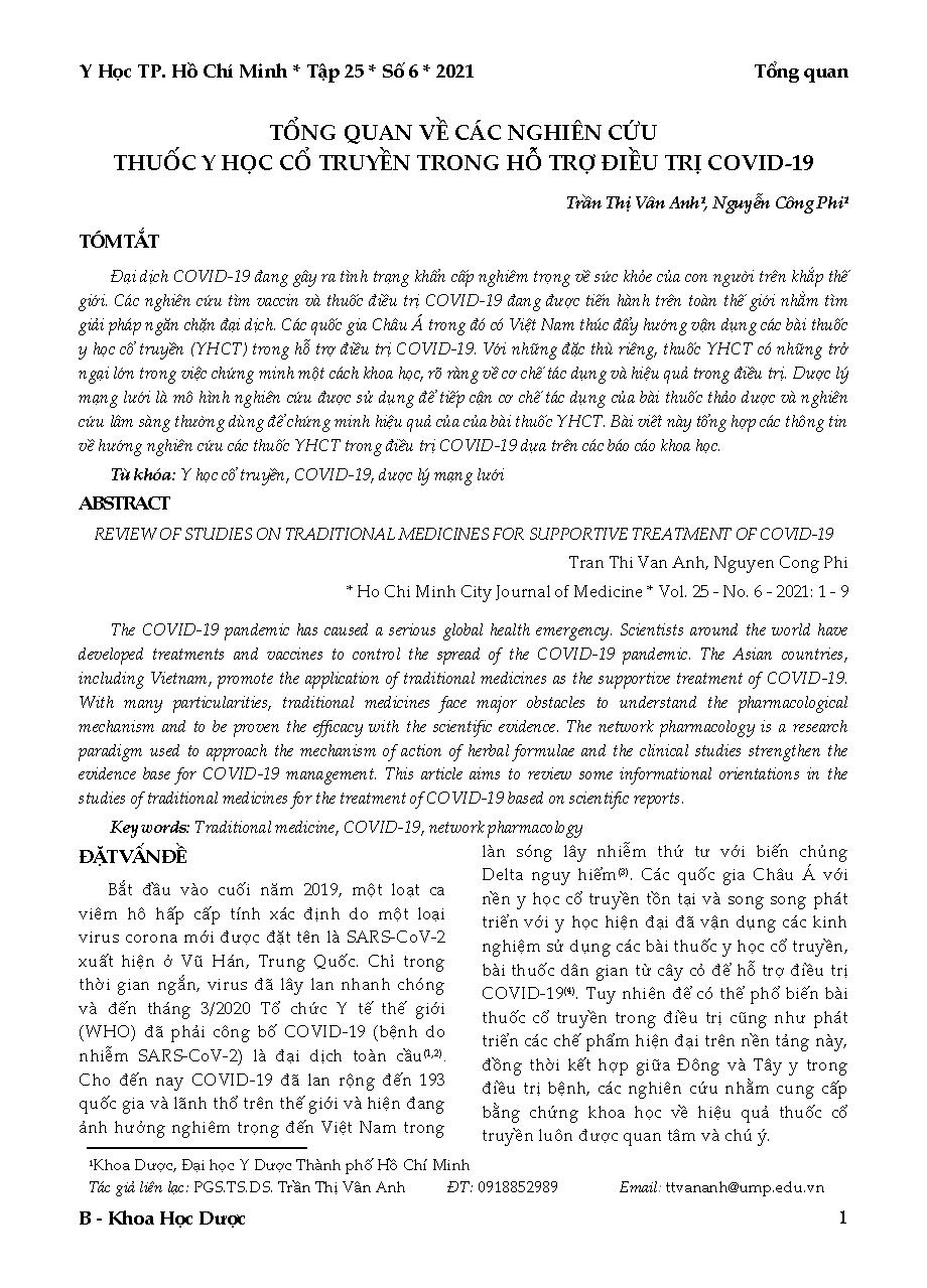 Tổng quan về các nghiên cứu thuốc y học cổ truyền trong hỗ trợ điều trị Covid-19 = Review of studies on traditional medicines for supportive treatment of Covid-19