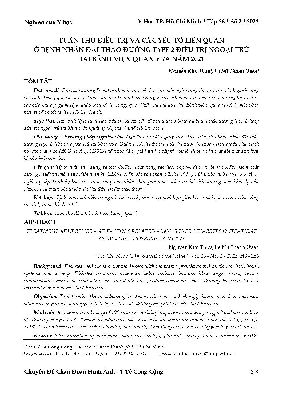 Tuân thủ điều trị và các yếu tố liên quan ở bệnh nhân đái tháo đường type 2 điều trị ngoại trú tại Bệnh viện Quân y 7A năm 2021