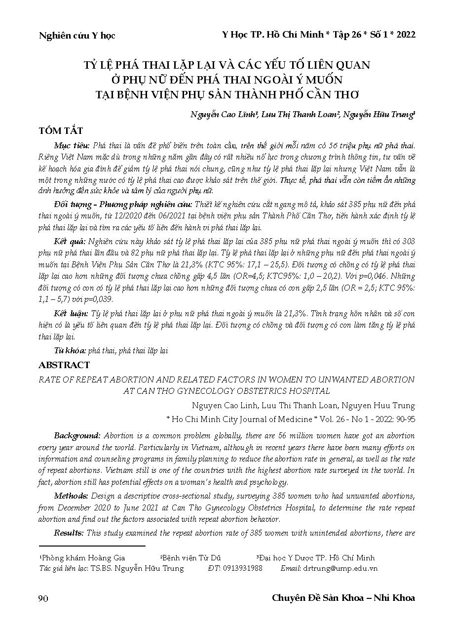 Tỷ lệ phá thai lặp lại và các yếu tố liên quan ở phụ nữ đến phá thai ngoài ý muốn tại Bệnh viện Phụ sản thành phố Cần Thơ