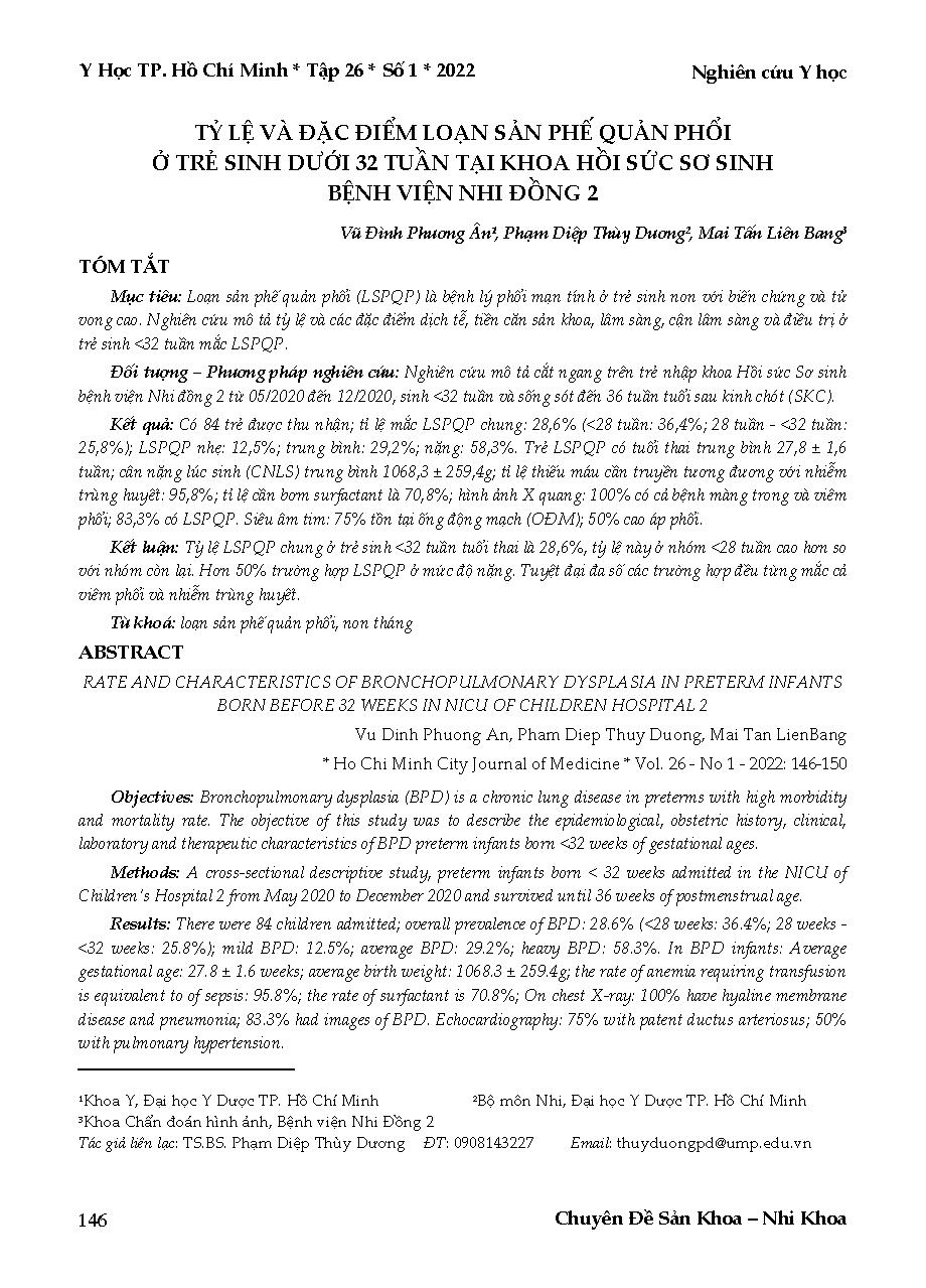 Tỷ lệ và đặc điểm loạn sản phế quản phổi ở trẻ sinh dưới 32 tuần tại Khoa Hồi sức sơ sinh Bệnh viện Nhi Đồng 2