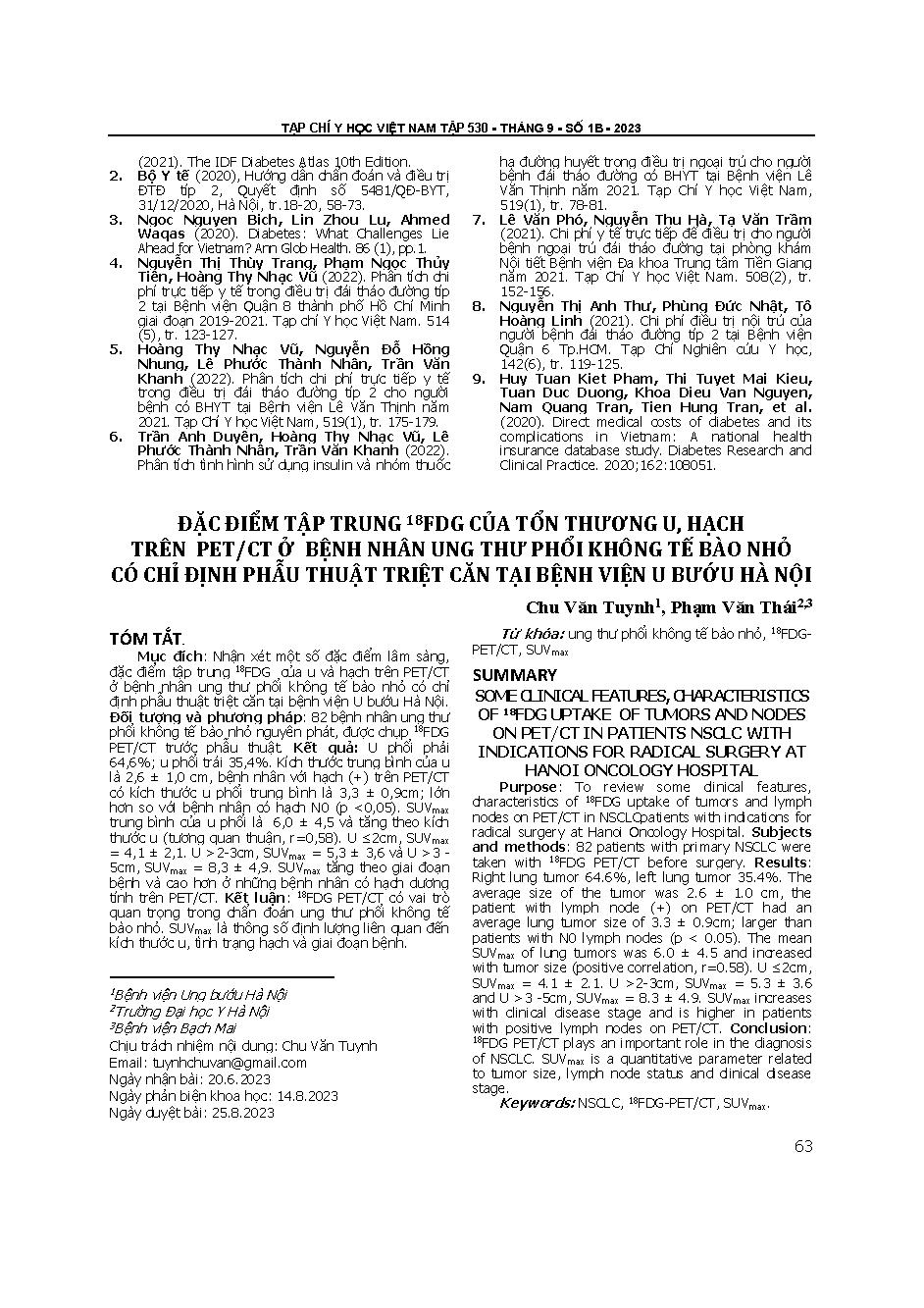 Đặc điểm tập trung 18FDG của tổn thương u, hạch trên PET/CT ở bệnh nhân ung thư phổi không tế bào nhỏ có chỉ định phẫu thuật triệt căn tại Bệnh viện U Bướu Hà Nộ = Some clinical features, characteristics of 18FDG uptake of tumors and nodes on PET/CT in pa