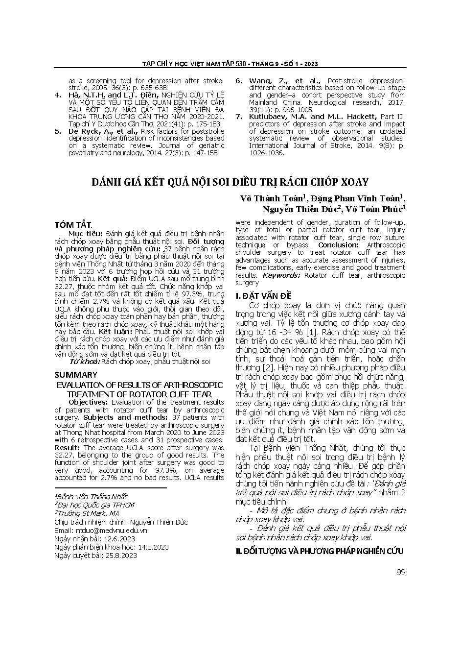 Đánh giá kết quả nội soi điều trị rách chóp xoay = Evaluation of results of arthroscopic treatment of rotator cuff tear