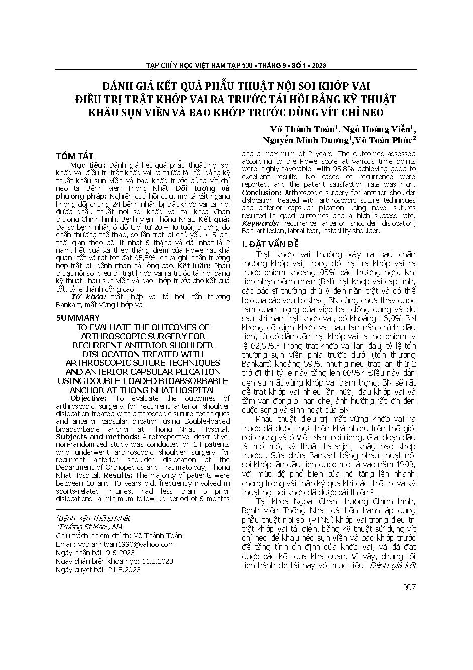 Đánh giá kết quả phẫu thuật nội soi khớp vai điều trị trật khớp vai ra trước tái hồi bằng kỹ thuật khâu sụn viền và bao khớp trước dùng vít chỉ neo = To evaluate the outcomes of arthroscopic surgery for recurrent anterior shoulder dislocation treated with