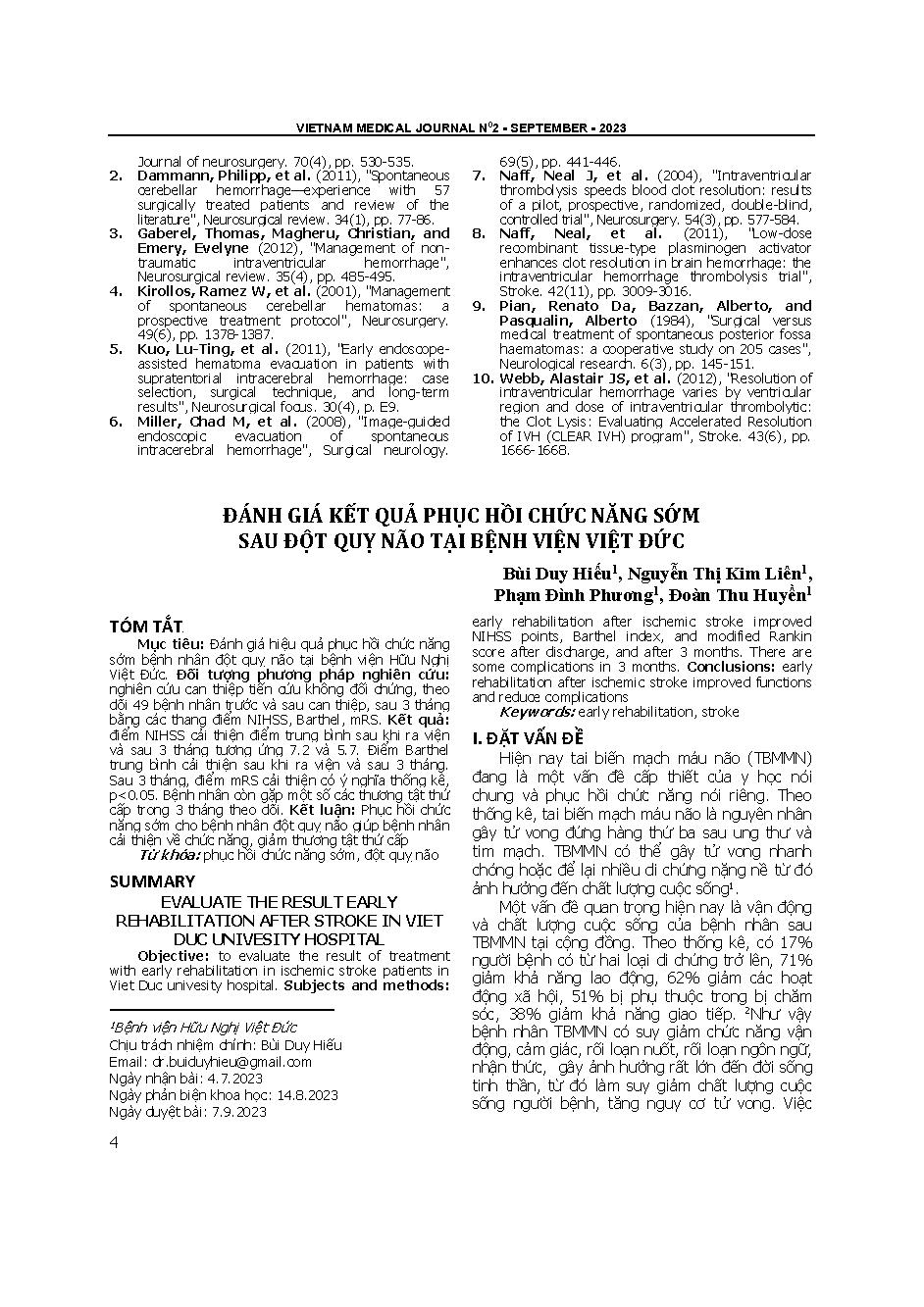 Đánh giá kết quả phục hồi chức năng sớm sau đột quỵ não tại bệnh viện Việt Đức = Evaluate the result early rehabilitation after stroke in viet duc univesity hospital