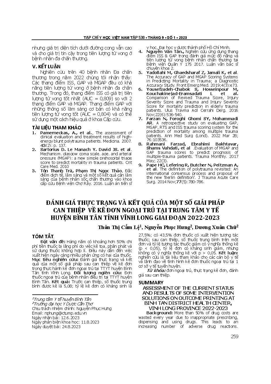 Đánh giá thực trạng và kết quả của một số giải pháp can thiệp về kê đơn ngoại trú tại trung tâm y tế huyện bình tân tỉnh Vĩnh Long giai đoạn 2022-2023 = Assessment of the current status and results of some intervention solutions on outcome printing at bin